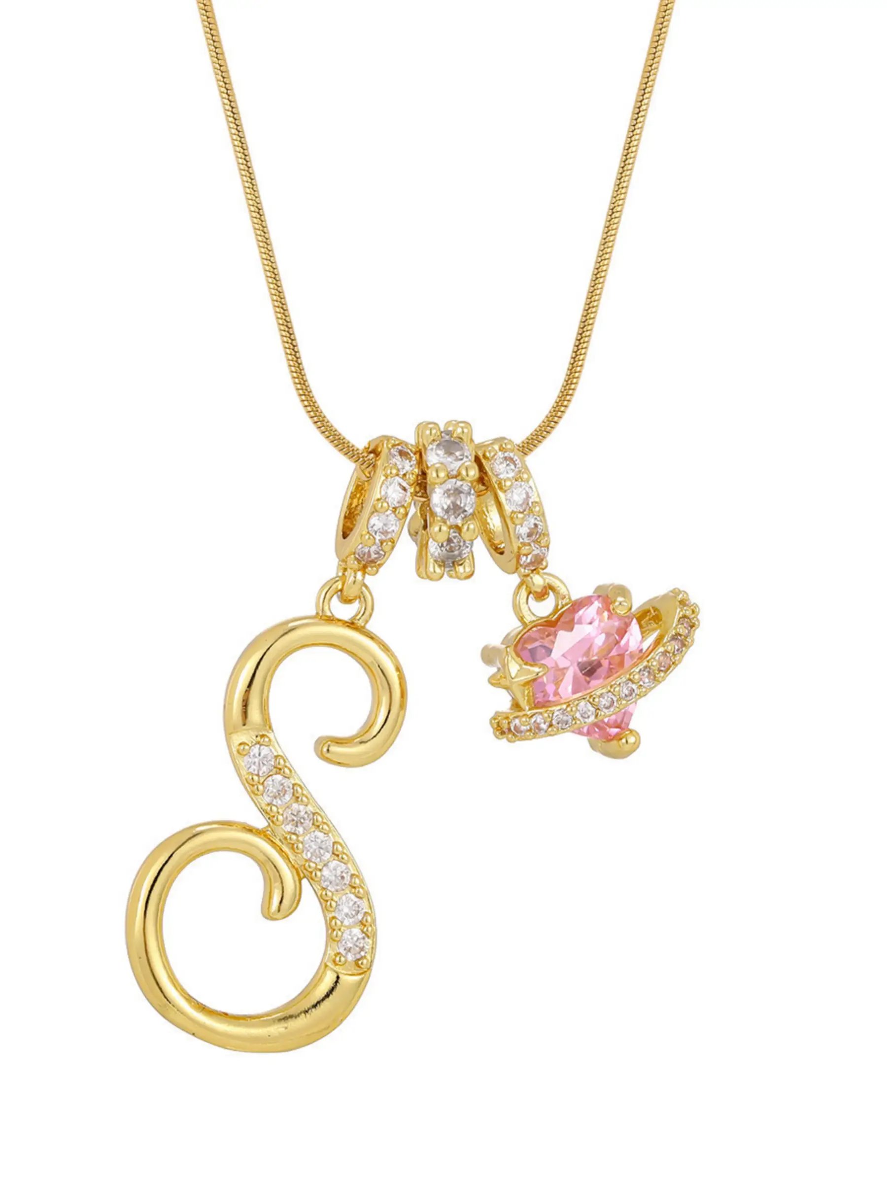 Gold Tone Heart and S Letter Charms Pendant Necklace