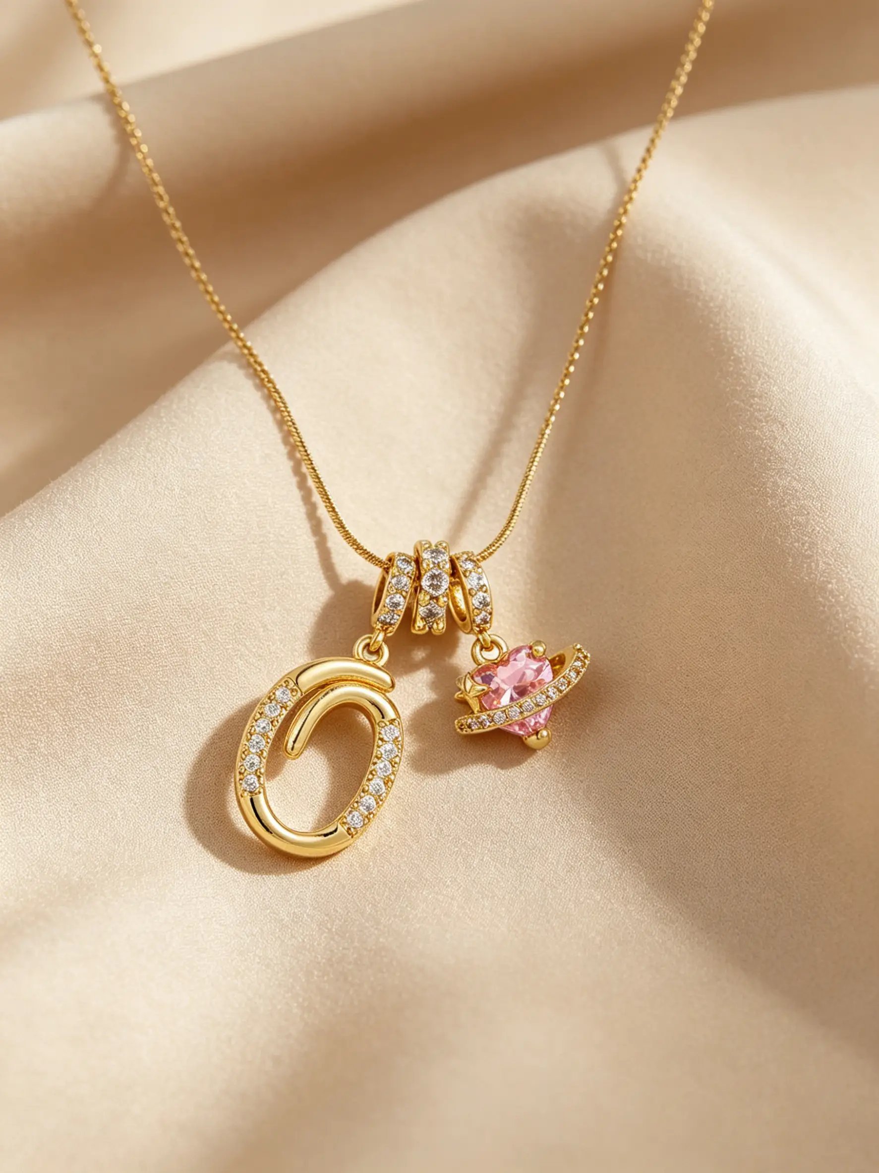 Gold Tone Heart and S Letter Charms Pendant Necklace