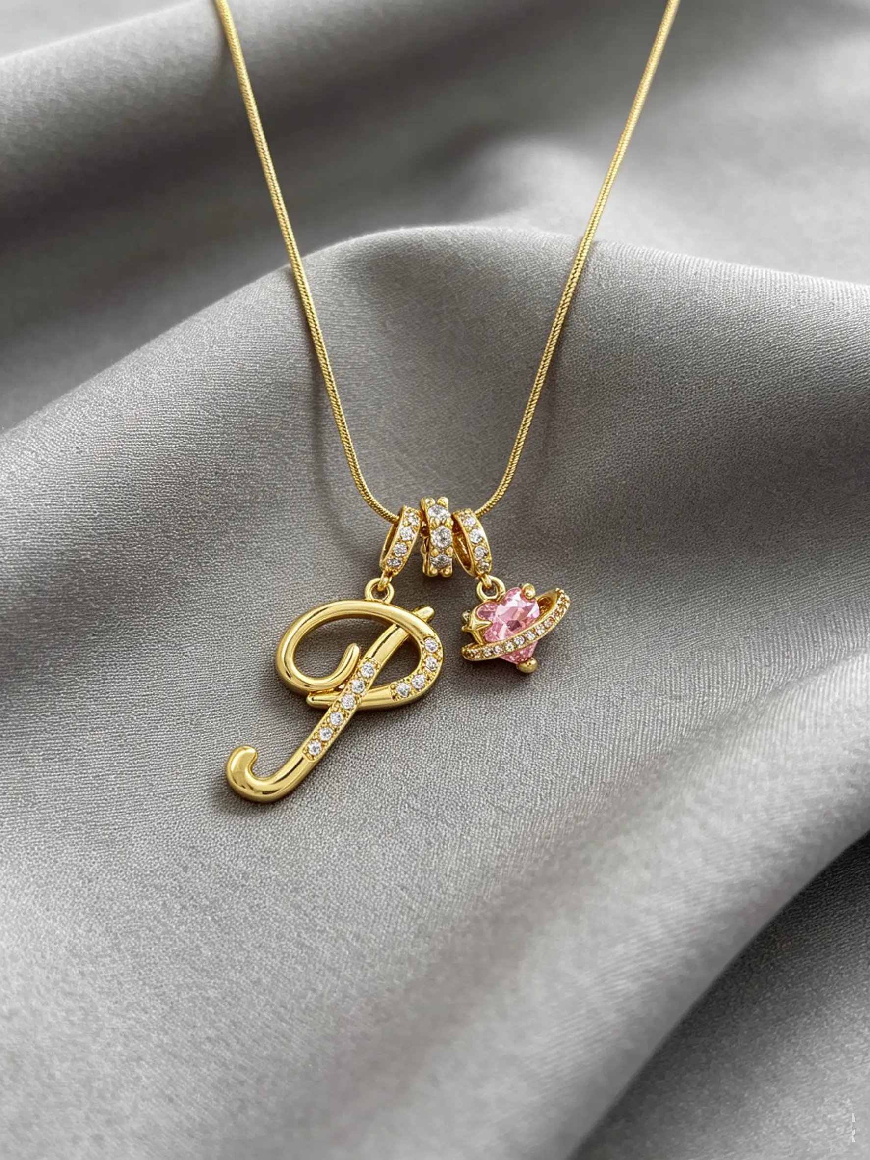 Gold Tone Heart and T Letter Charms Pendant Necklace