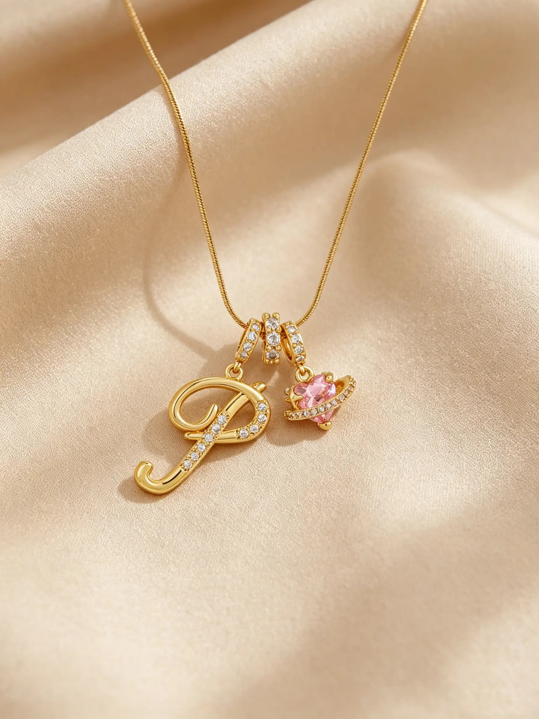 Gold Tone Heart and T Letter Charms Pendant Necklace