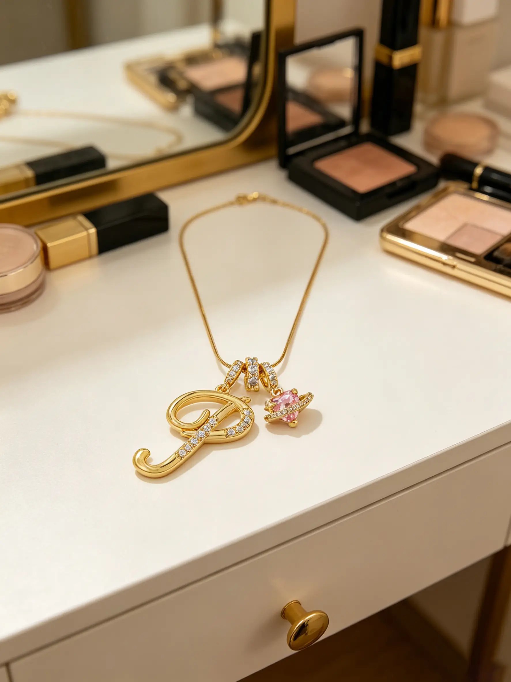 Gold Tone Heart and T Letter Charms Pendant Necklace