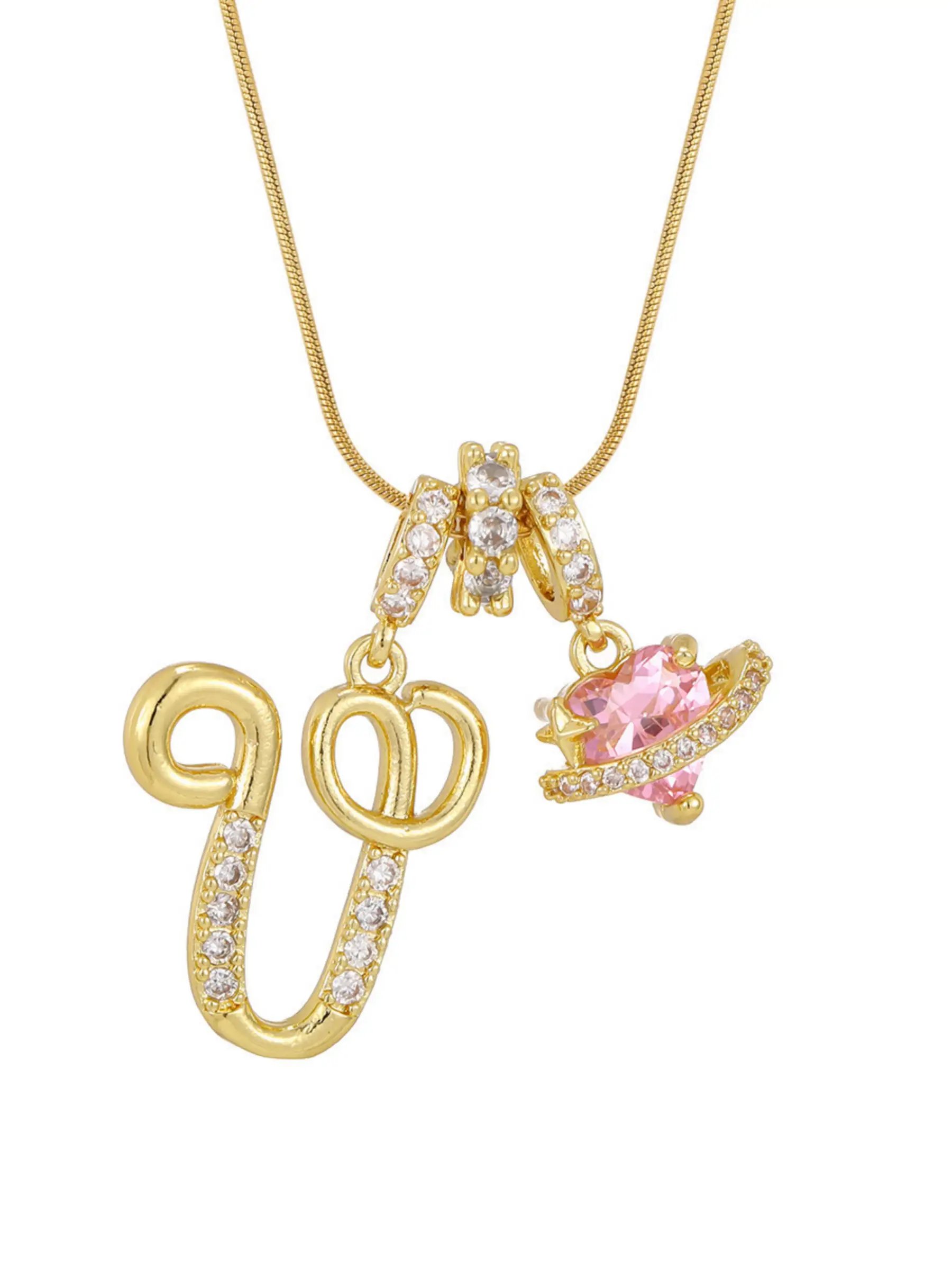 Gold Tone Heart and V Letter Charms Pendant Necklace