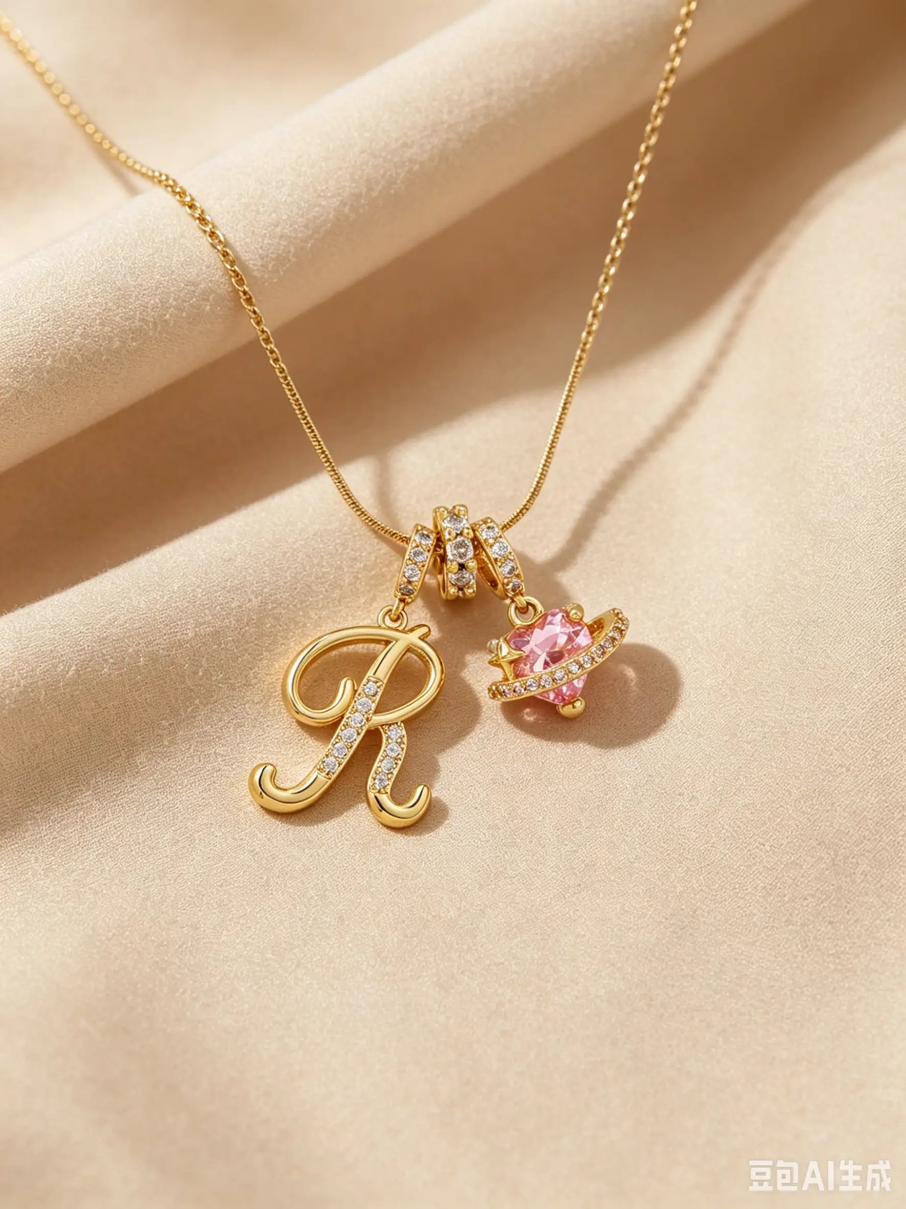 Gold Tone Heart and V Letter Charms Pendant Necklace