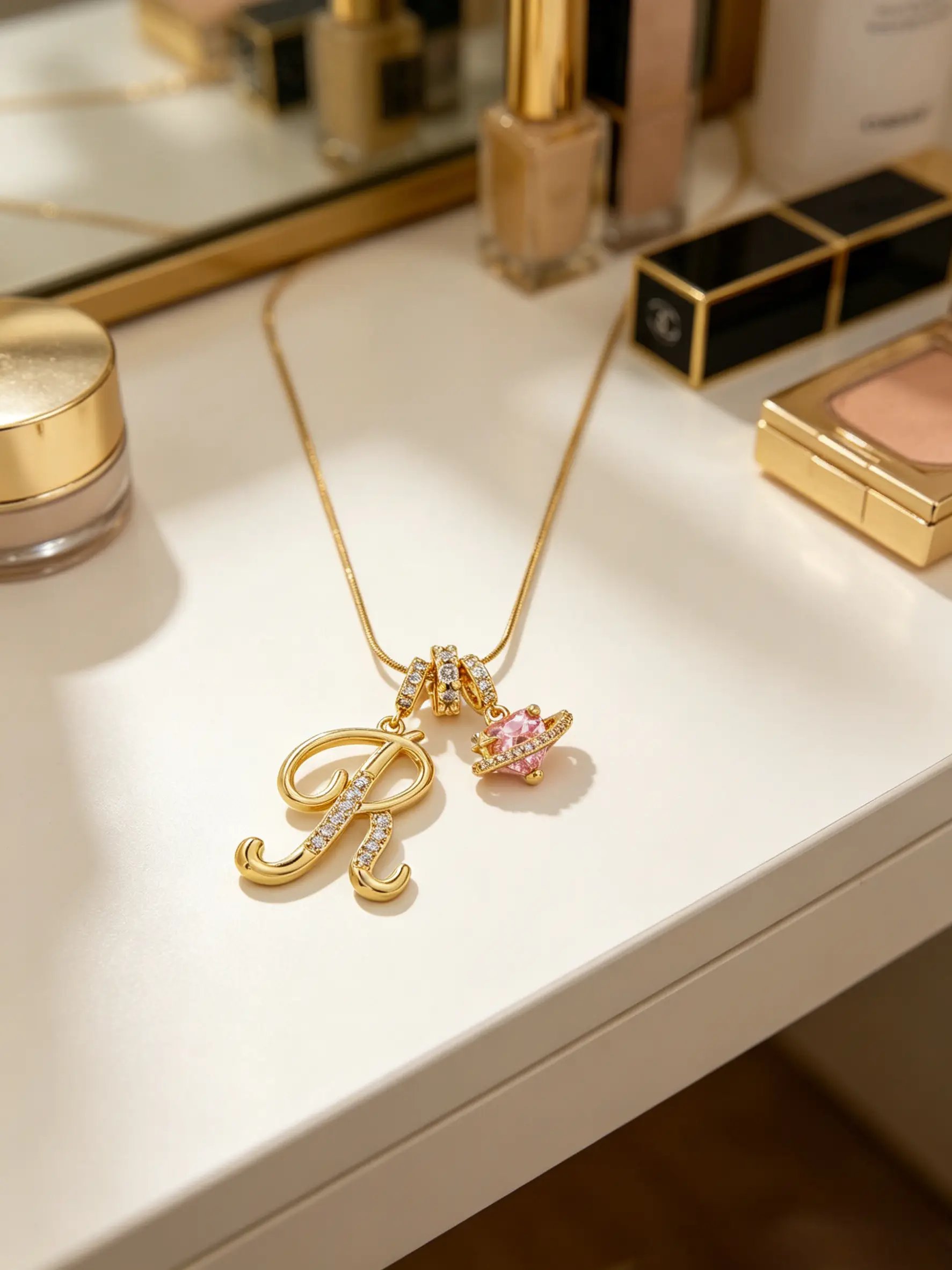 Gold Tone Heart and V Letter Charms Pendant Necklace
