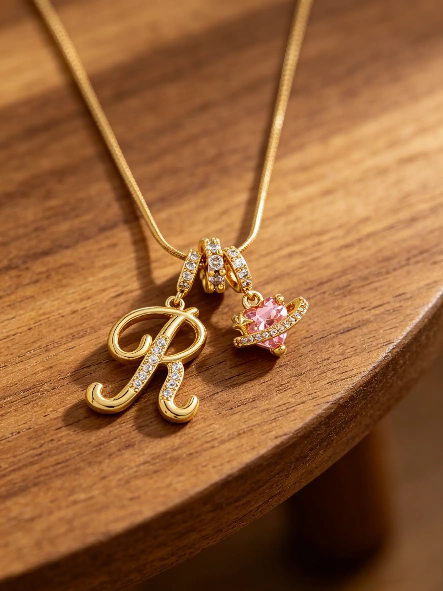 Gold Tone Heart and V Letter Charms Pendant Necklace