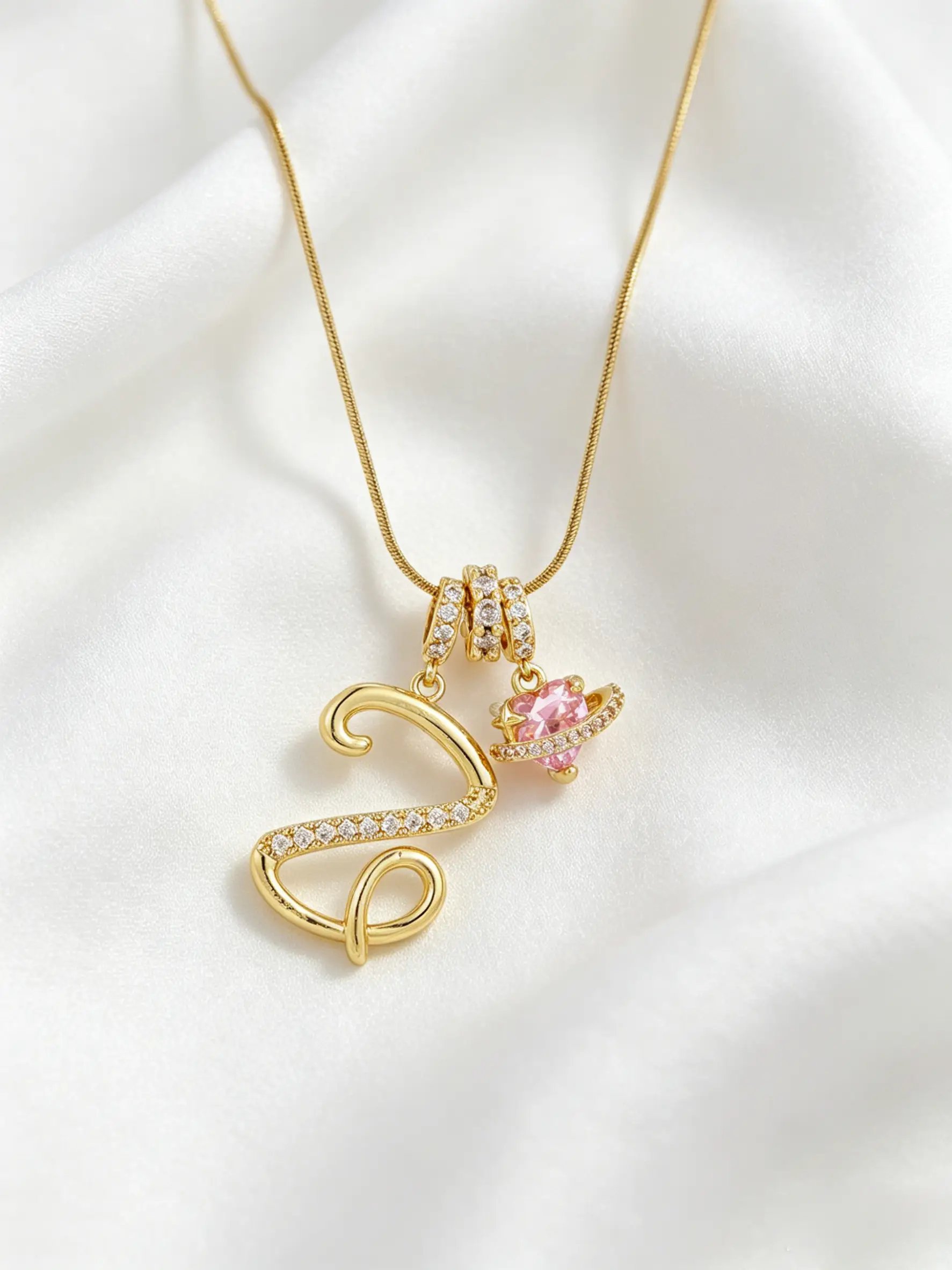 Gold Tone Heart and Z Letter Charms Pendant Necklace