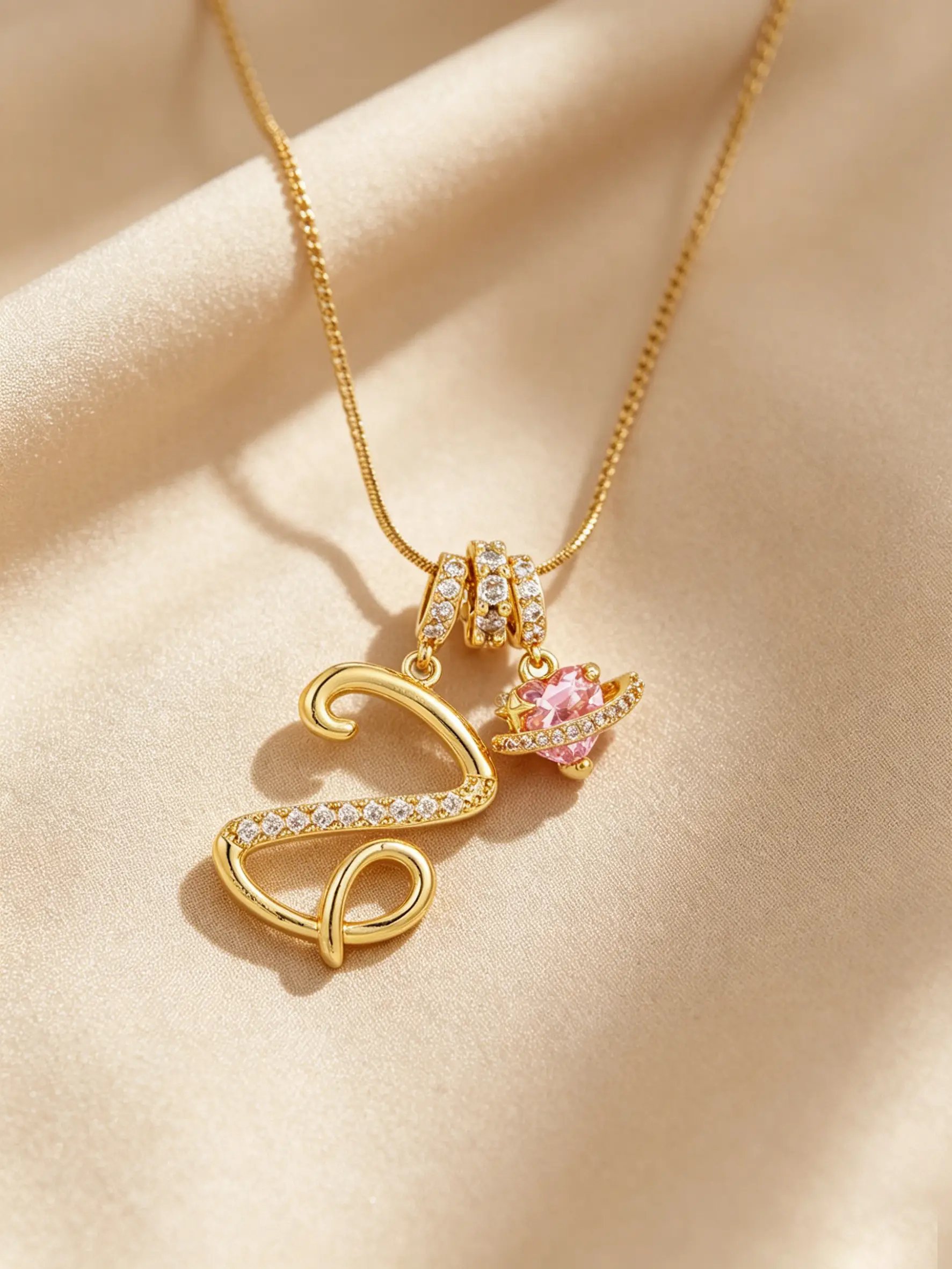 Gold Tone Heart and Z Letter Charms Pendant Necklace
