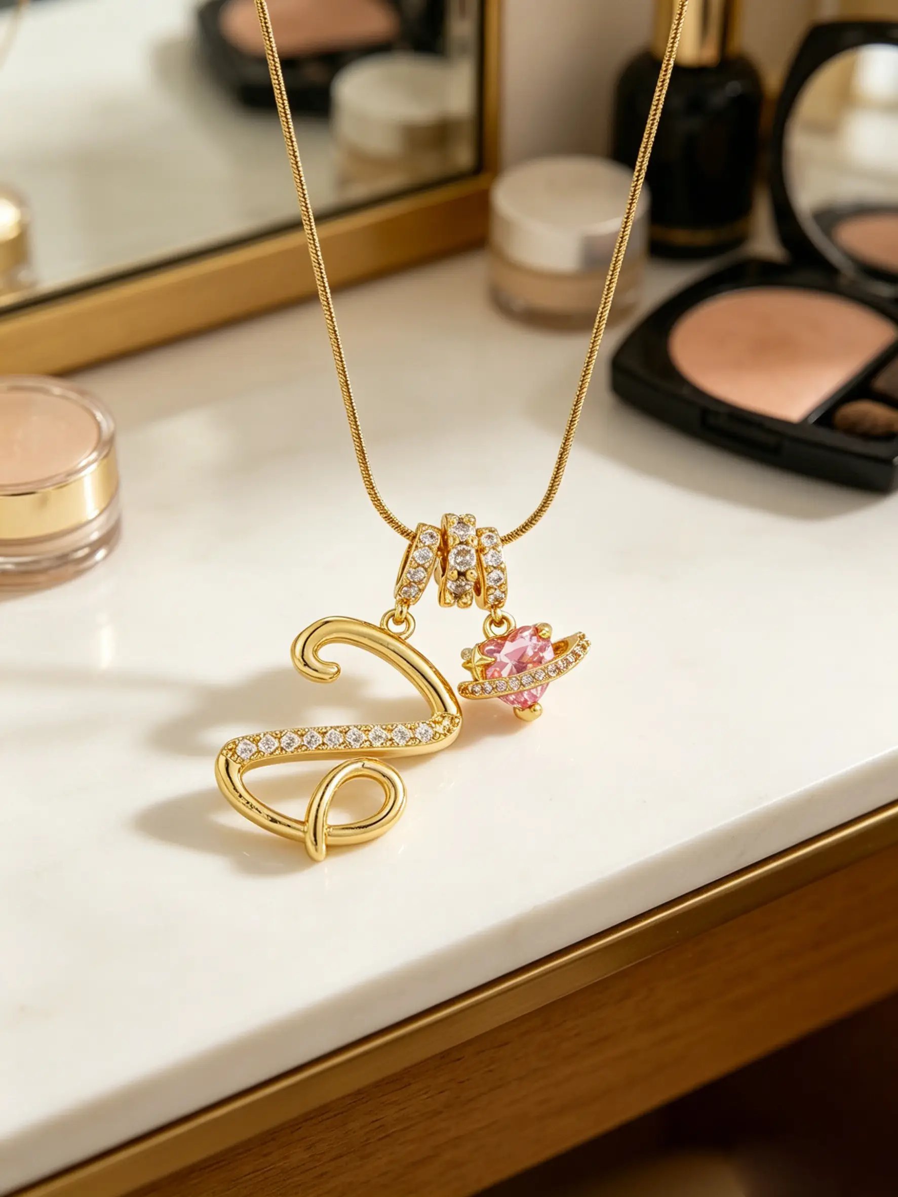 Gold Tone Heart and Z Letter Charms Pendant Necklace