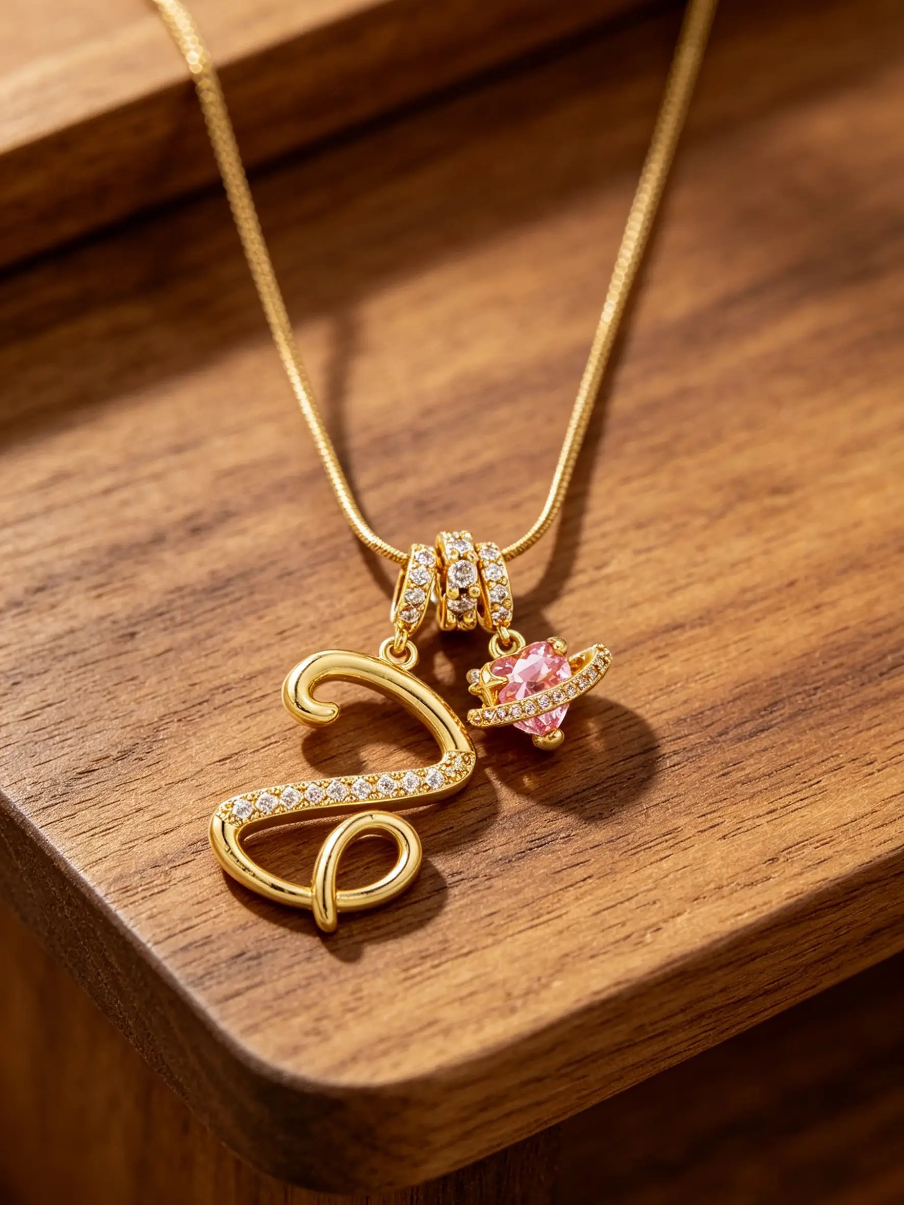 Gold Tone Heart and Z Letter Charms Pendant Necklace