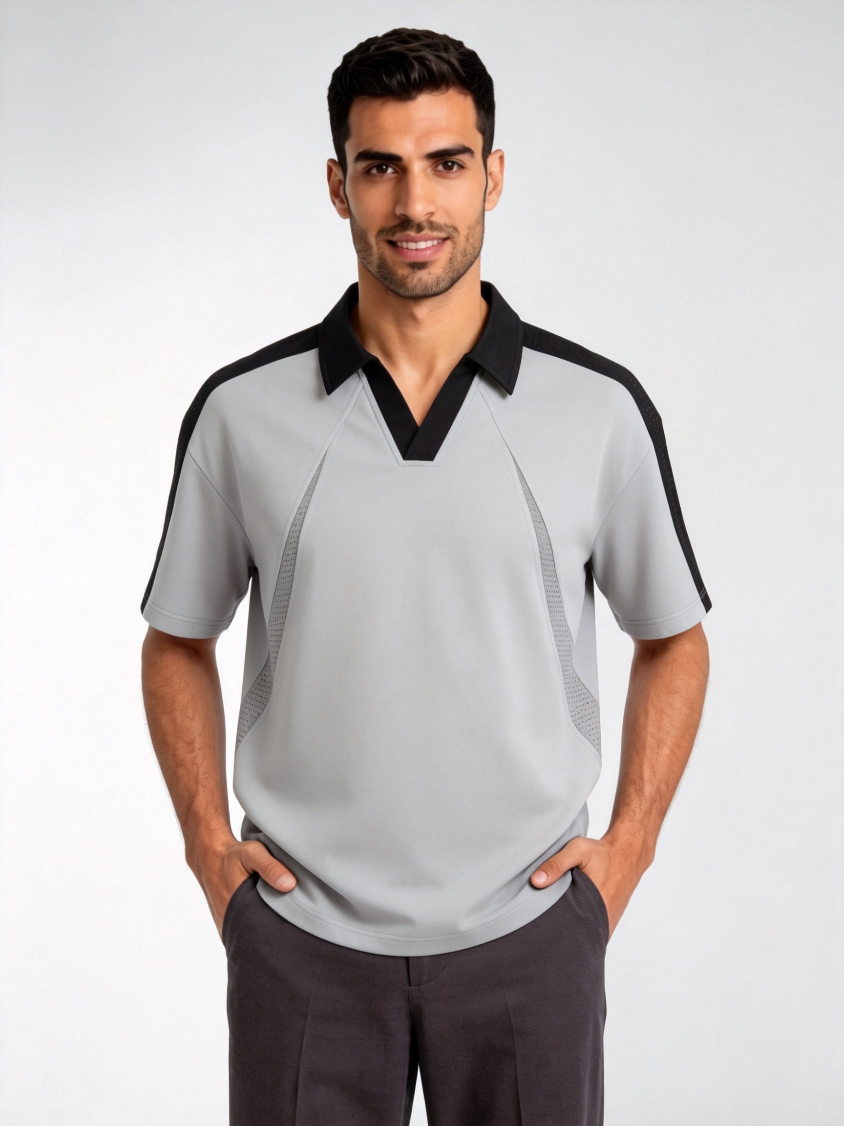 تيشيرت بولو بياقة مباينة وأكمام قصيرة بشريط جانبي رمادي