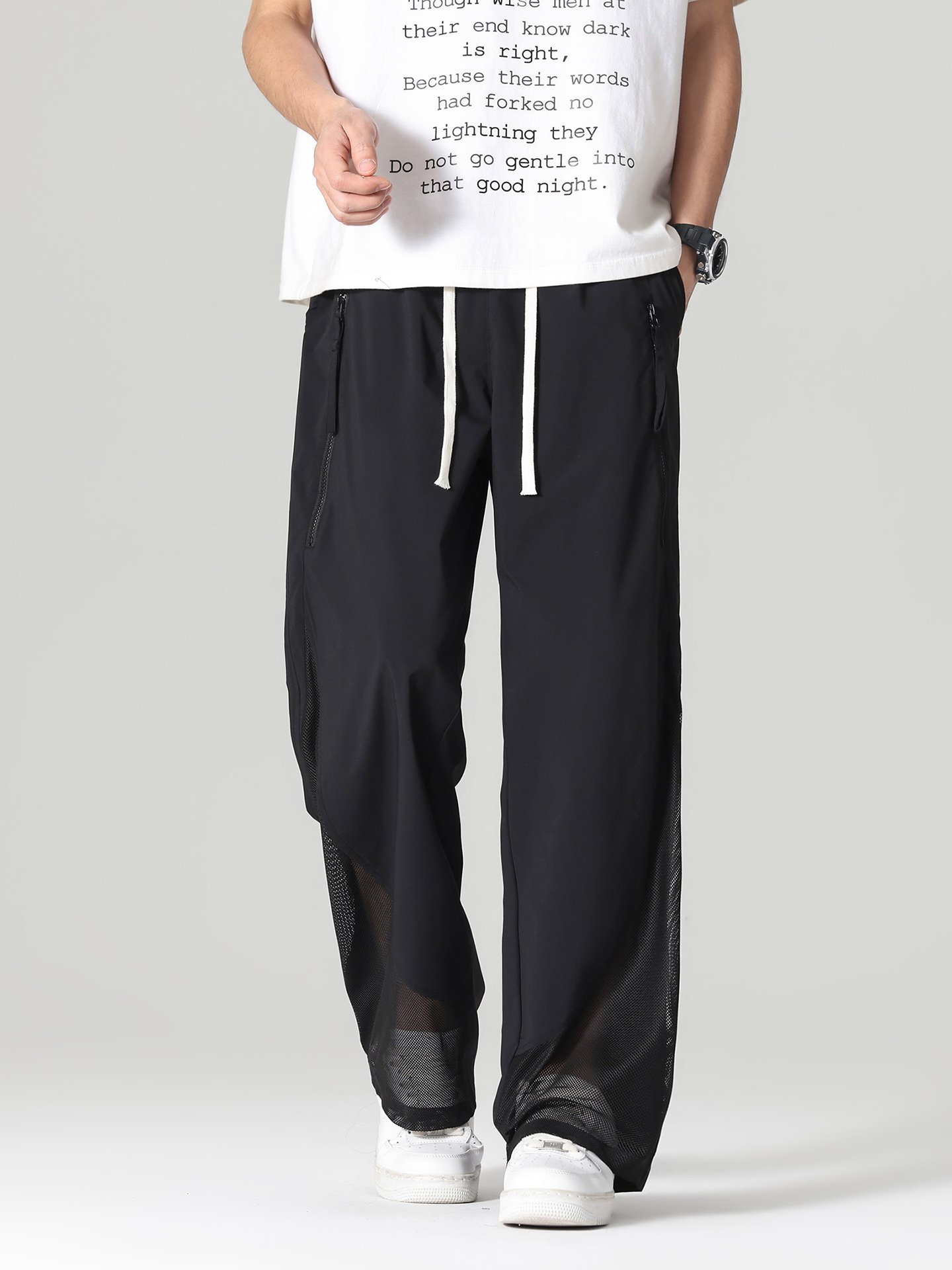 Men Black Wide-Leg Mesh Panel Casual Trousers