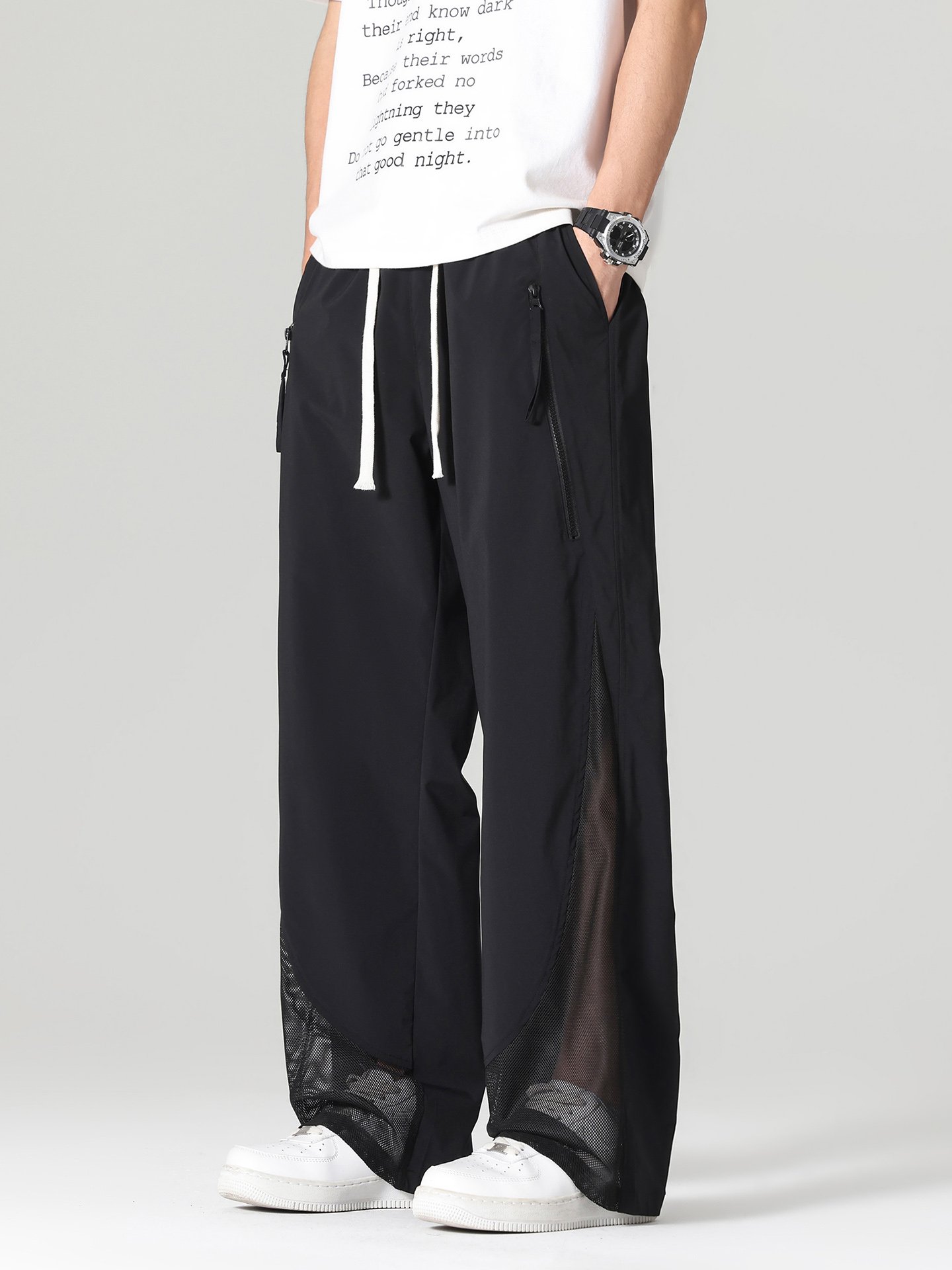 Men Black Wide-Leg Mesh Panel Casual Trousers