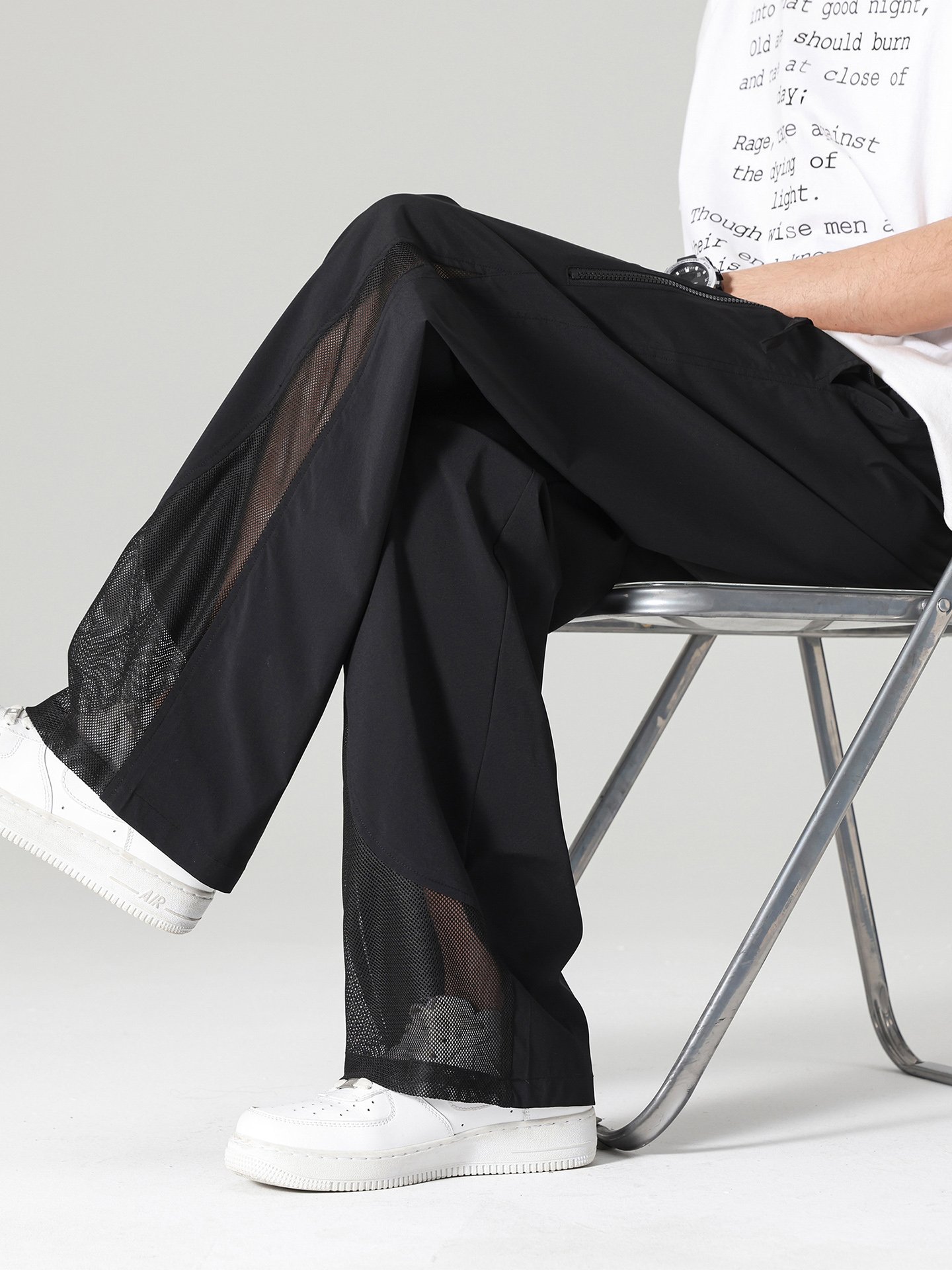 Men Black Wide-Leg Mesh Panel Casual Trousers