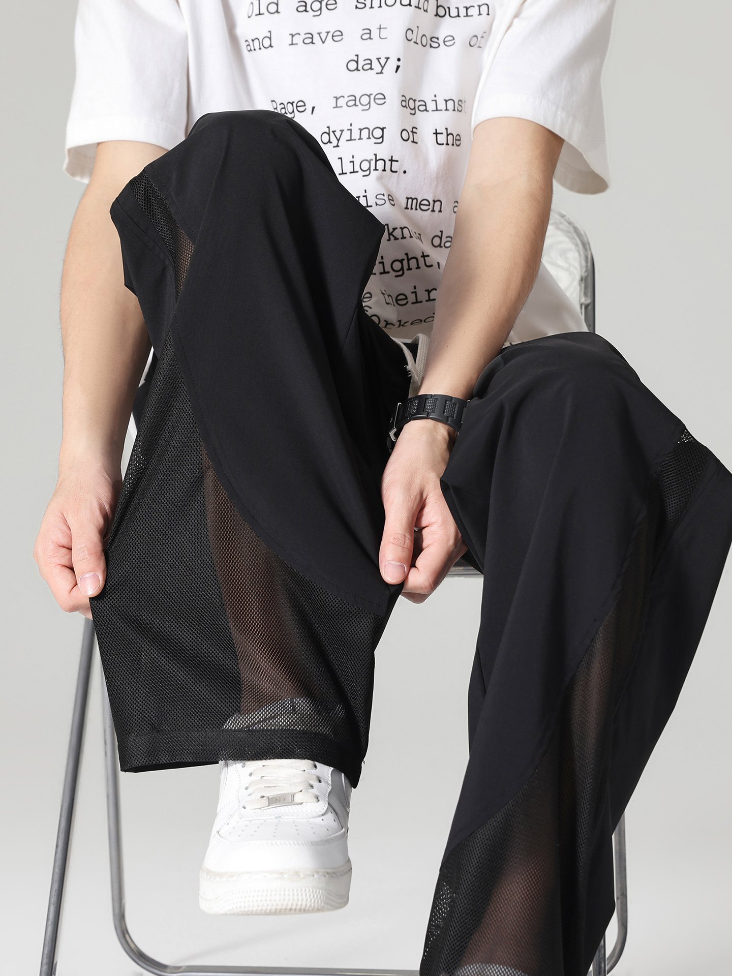 Men Black Wide-Leg Mesh Panel Casual Trousers
