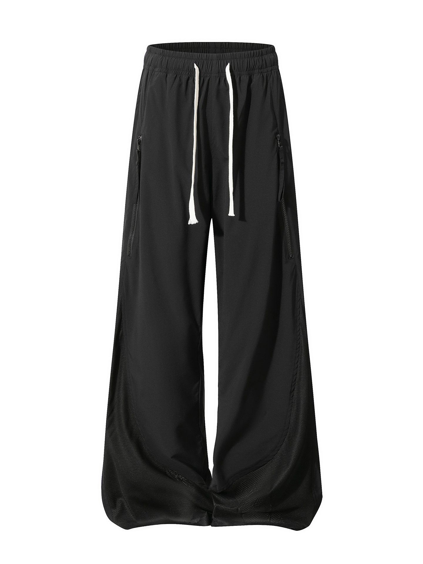 Men Black Wide-Leg Mesh Panel Casual Trousers