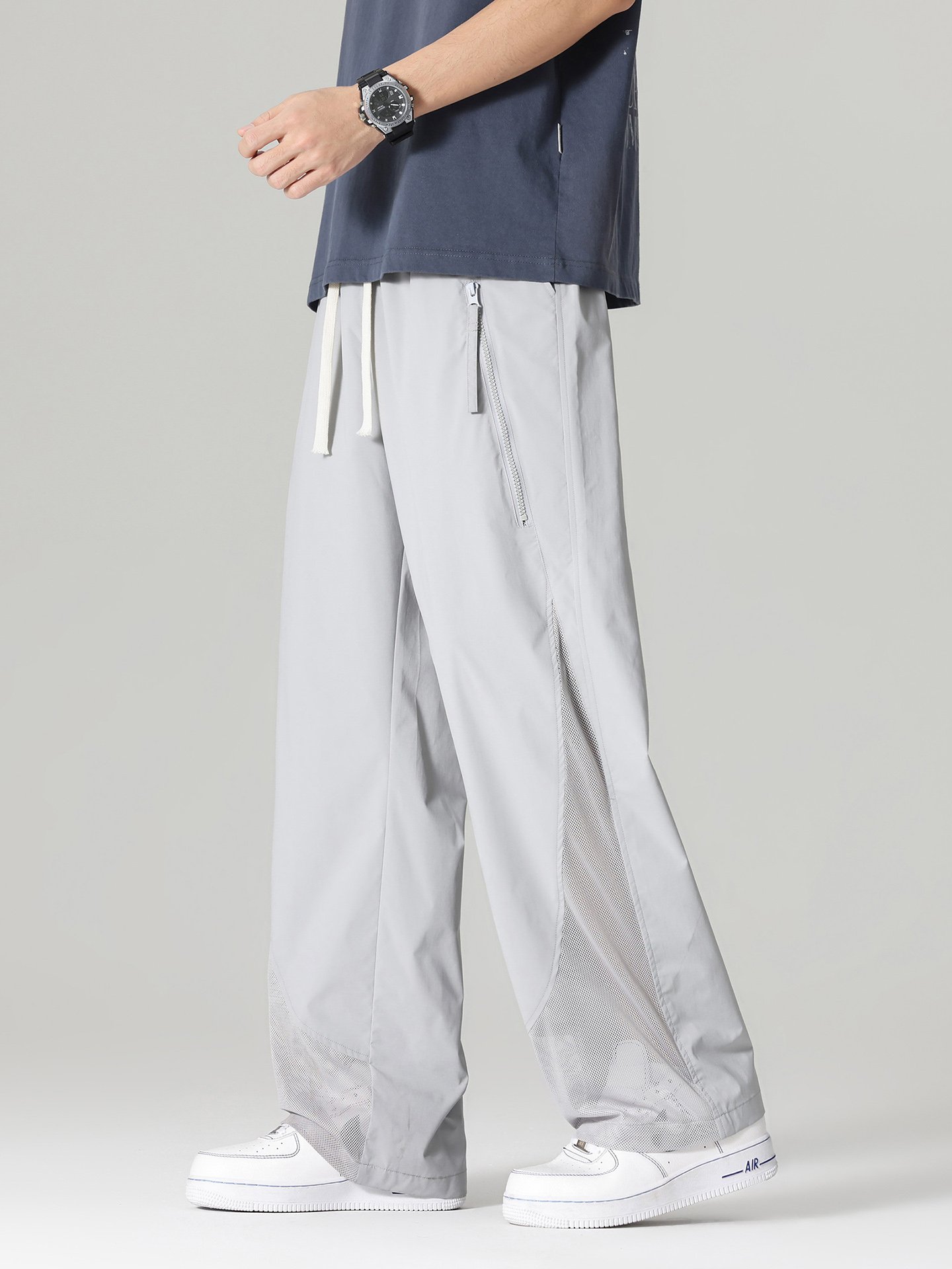 Men Grey Wide-Leg Breathable Casual Trousers