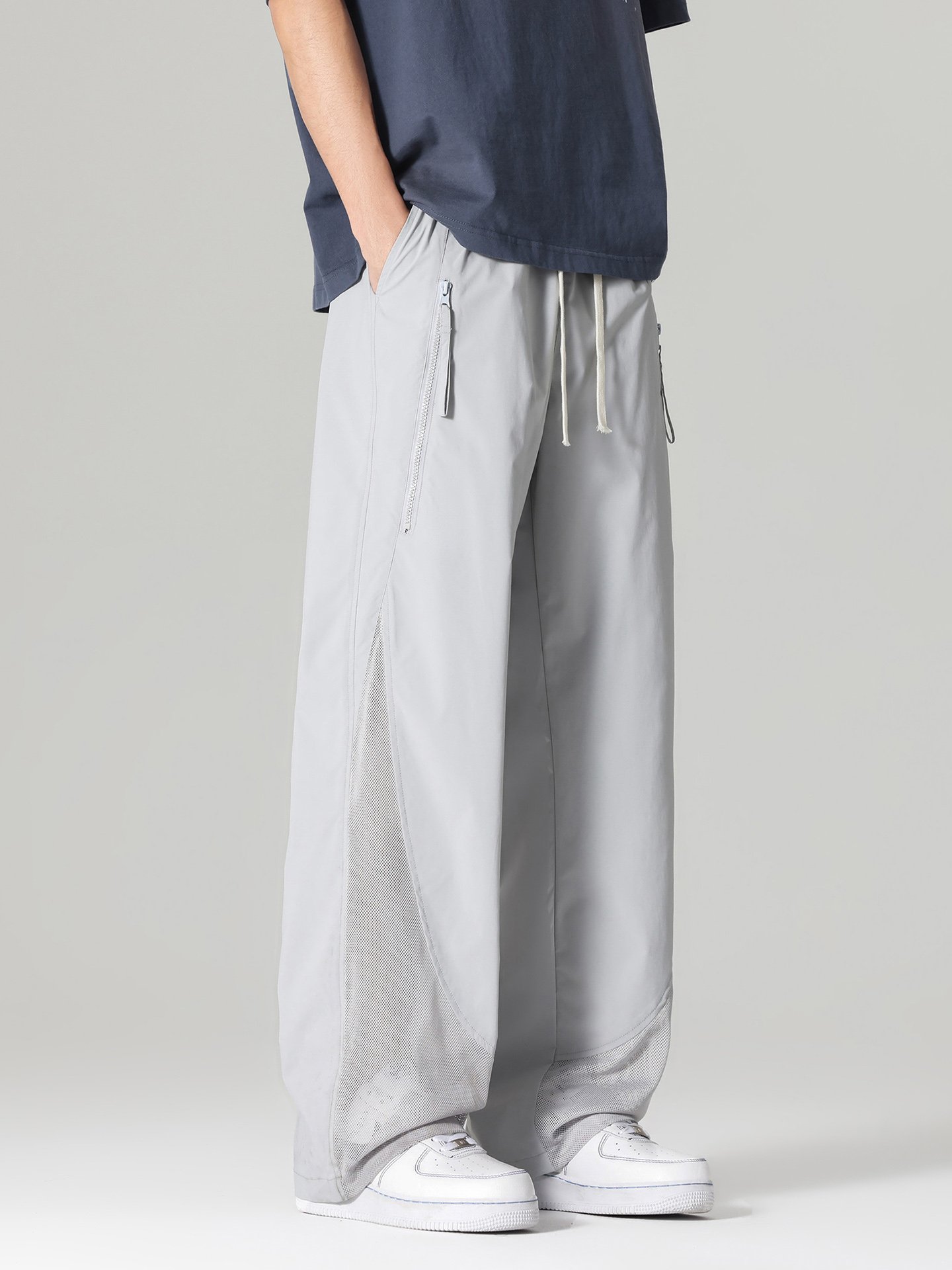 Men Grey Wide-Leg Breathable Casual Trousers