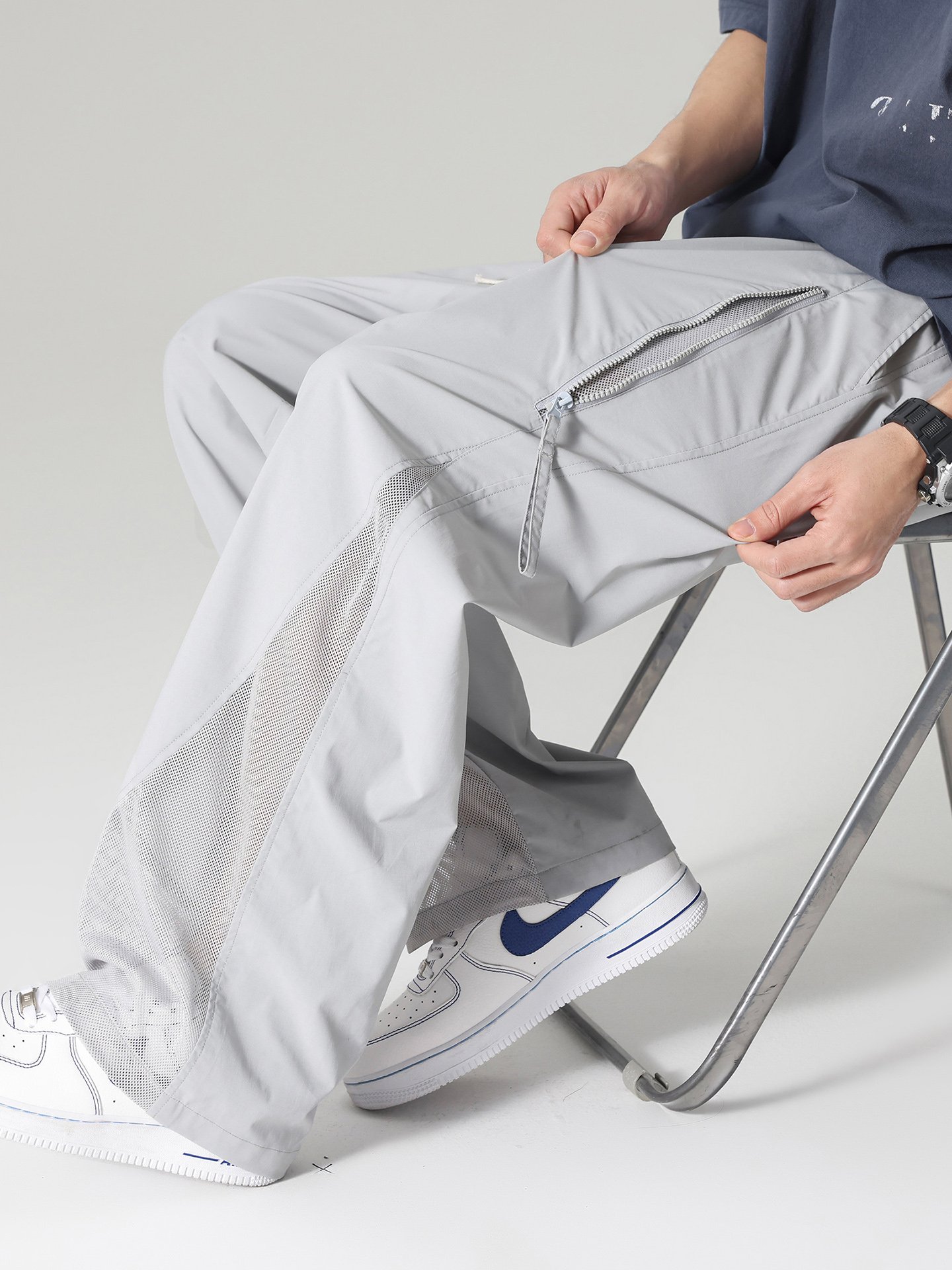 Men Grey Wide-Leg Breathable Casual Trousers