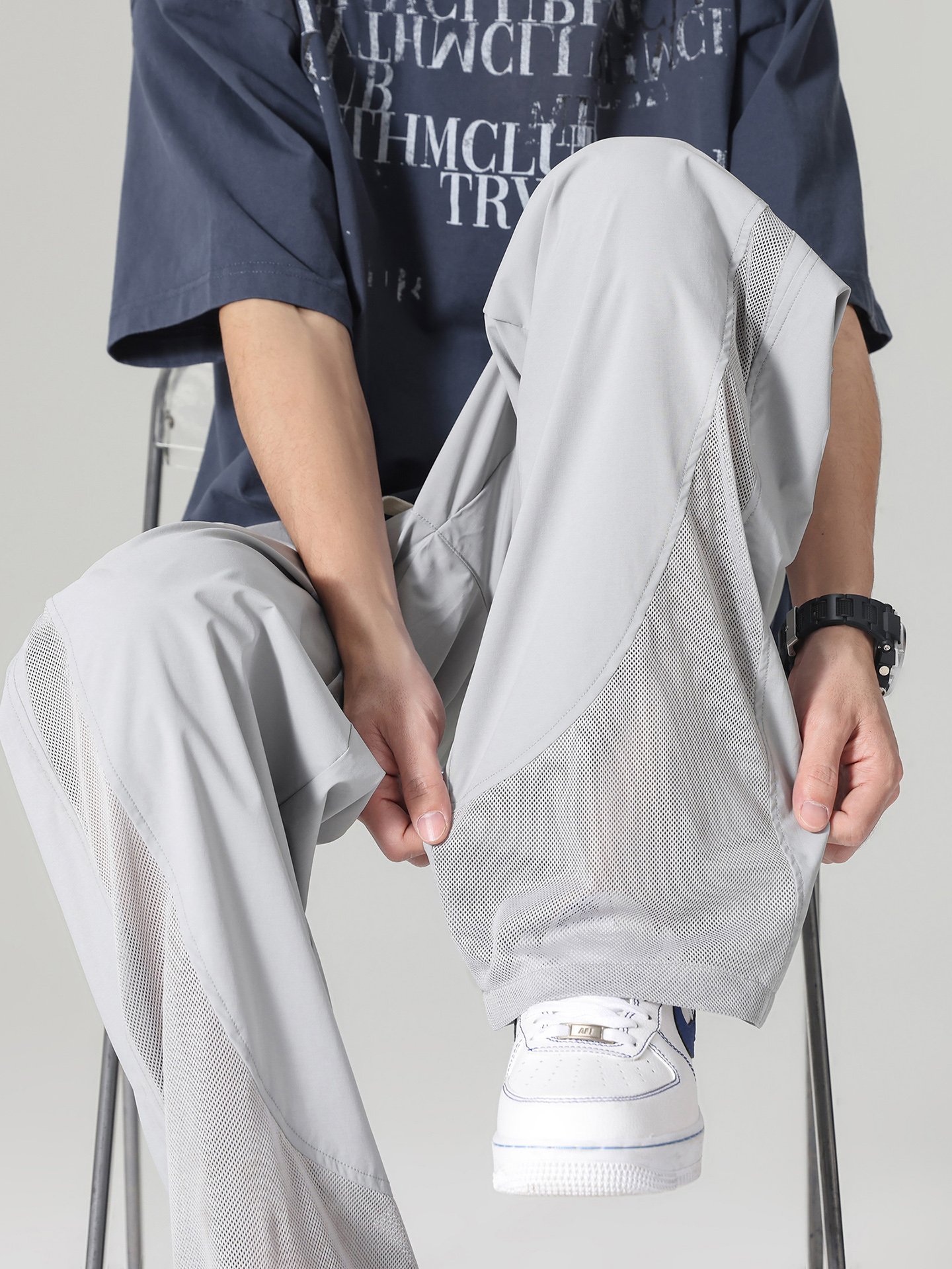 Men Grey Wide-Leg Breathable Casual Trousers