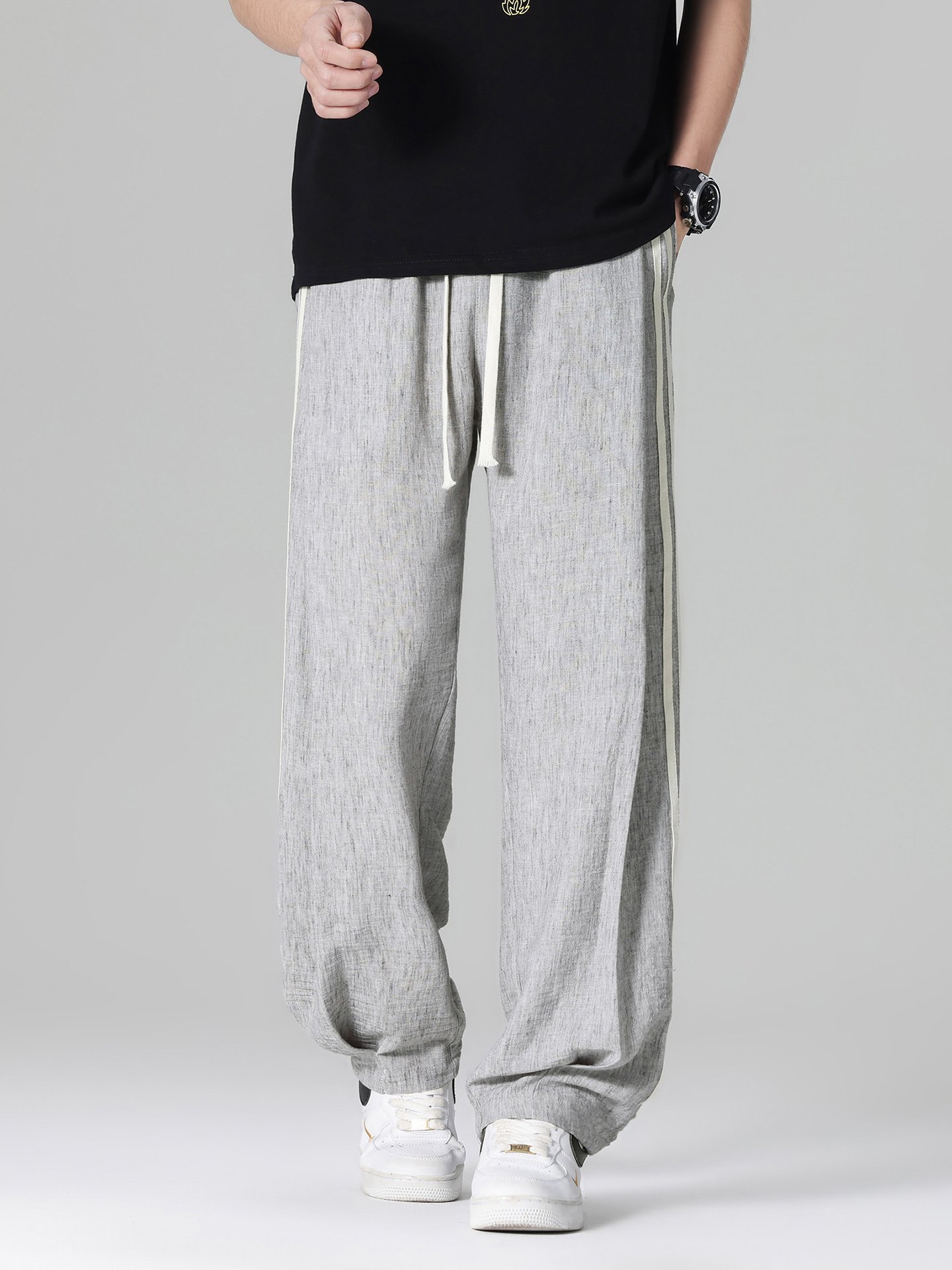 Men Grey Wide Leg Casual Trousers