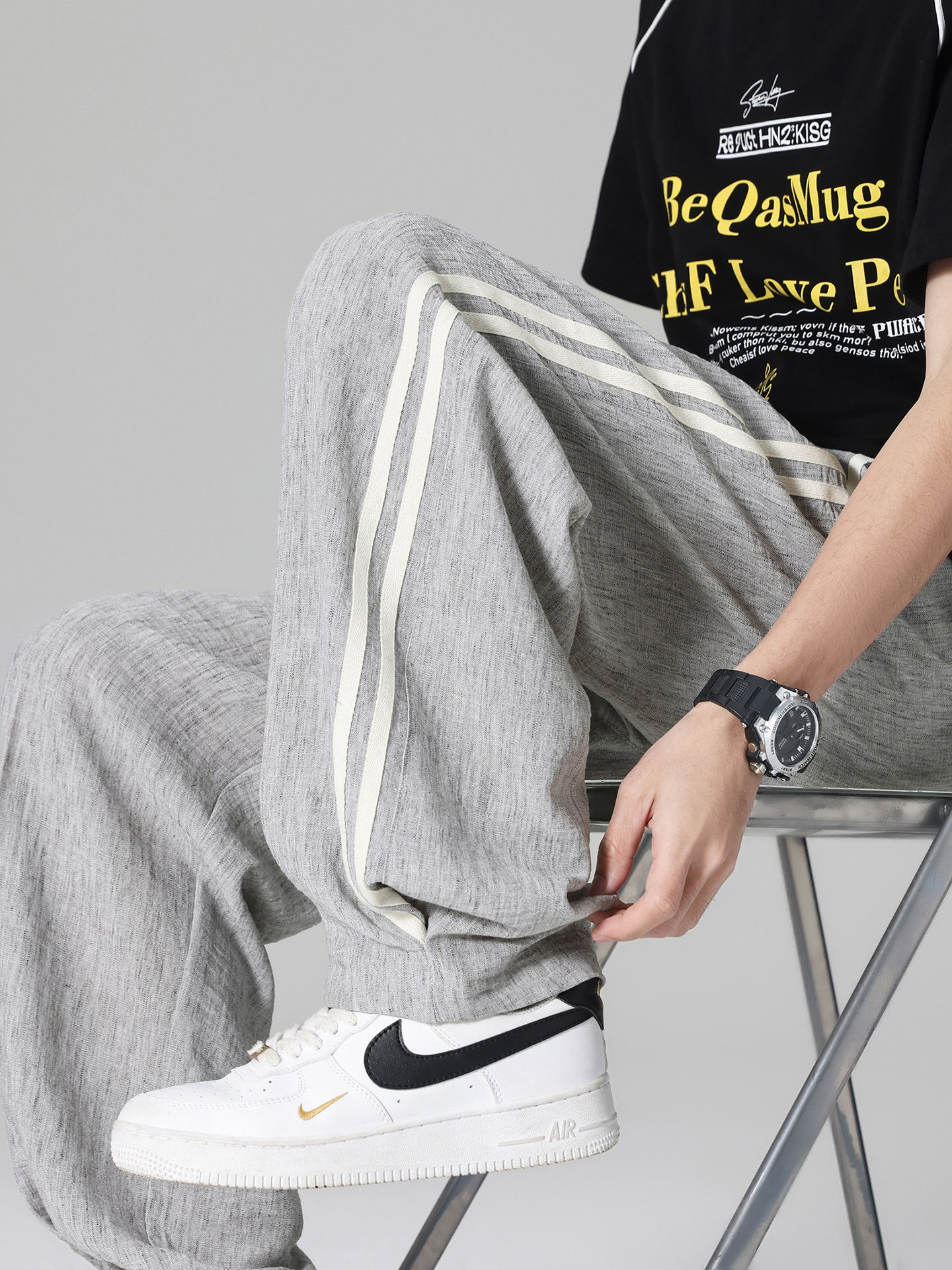 Men Grey Wide Leg Casual Trousers