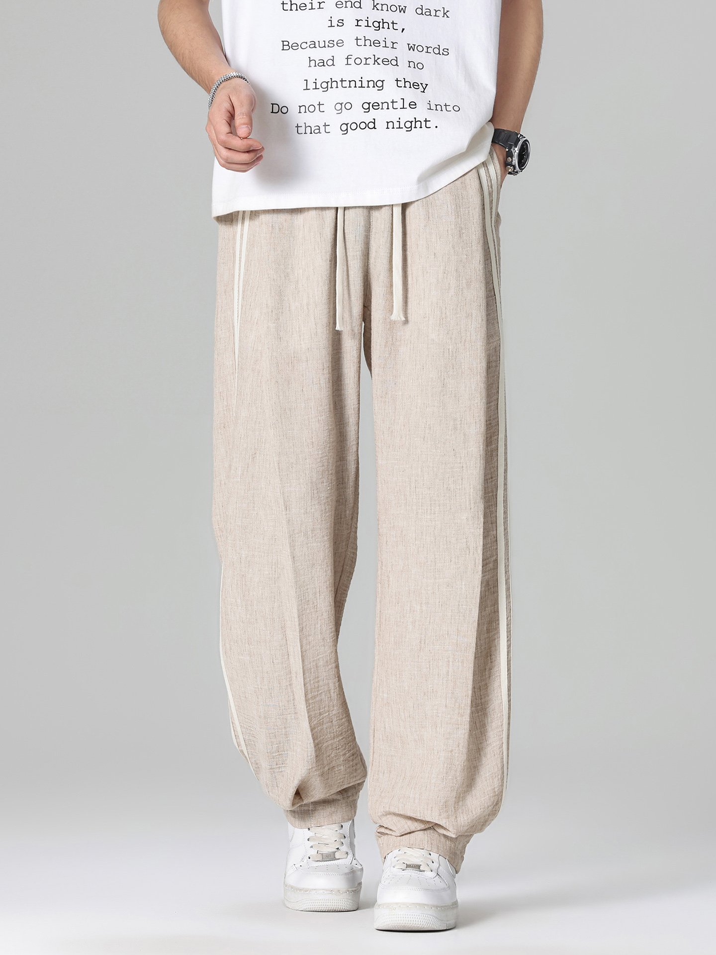 Men Beige Wide Leg Casual Trousers