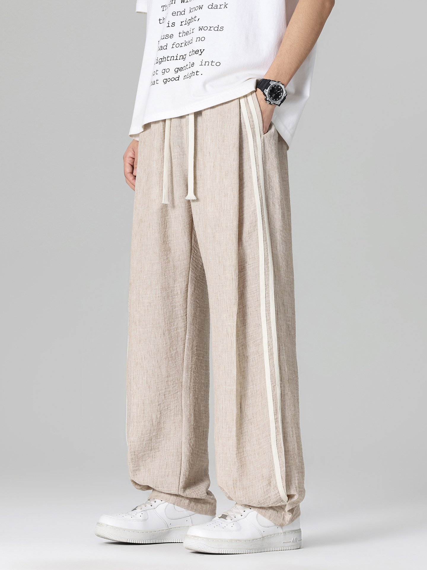 Men Beige Wide Leg Casual Trousers