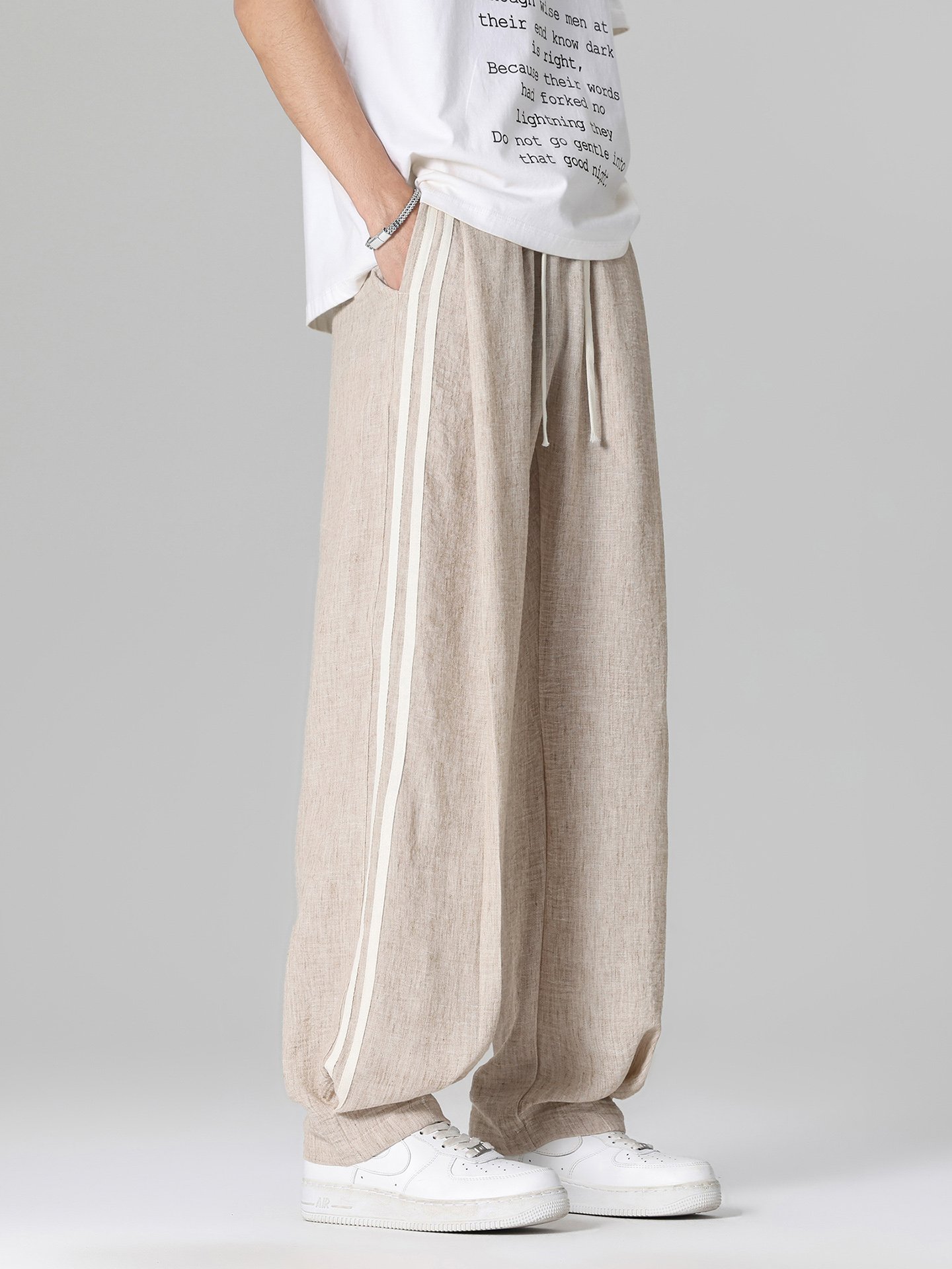 Men Beige Wide Leg Casual Trousers