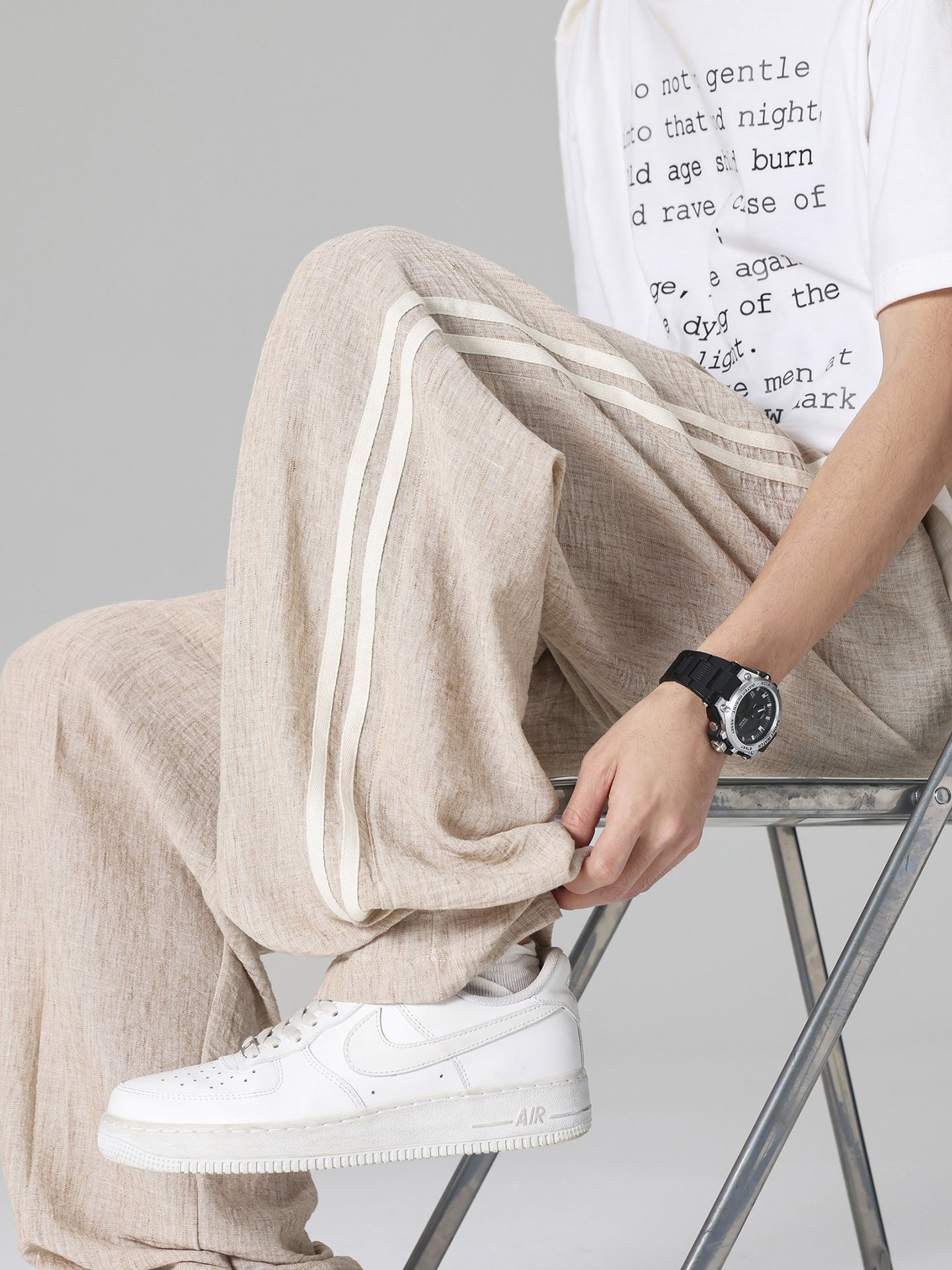 Men Beige Wide Leg Casual Trousers