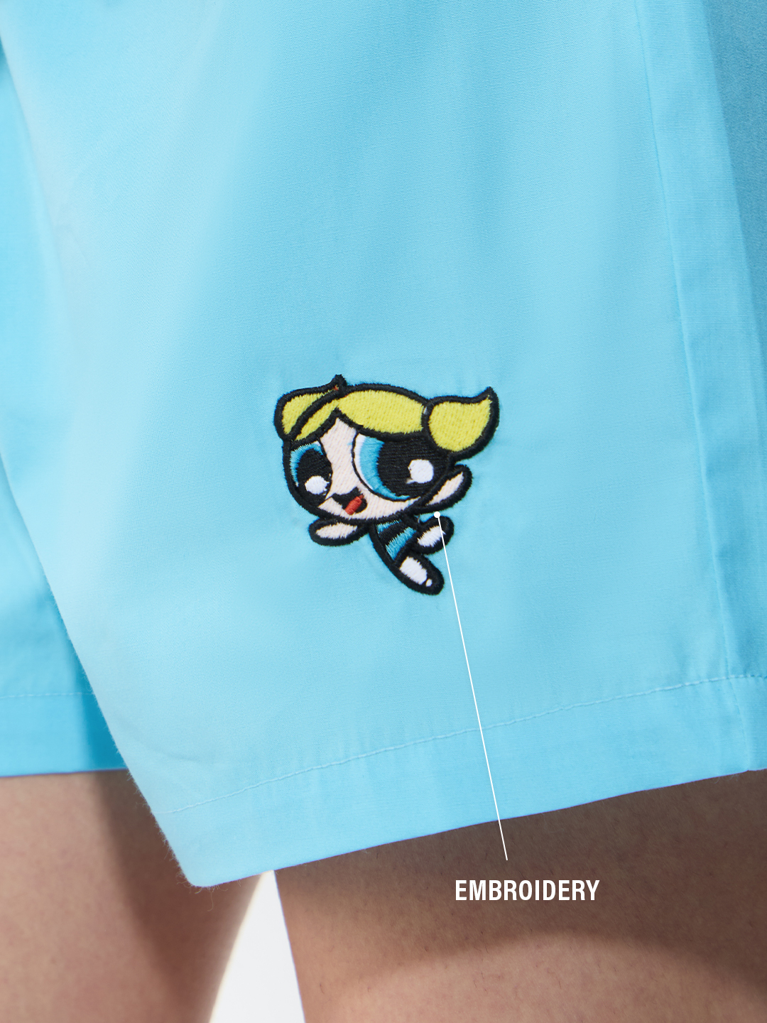 Blue Casual Shorts with Powerpuff Girls Embroidery