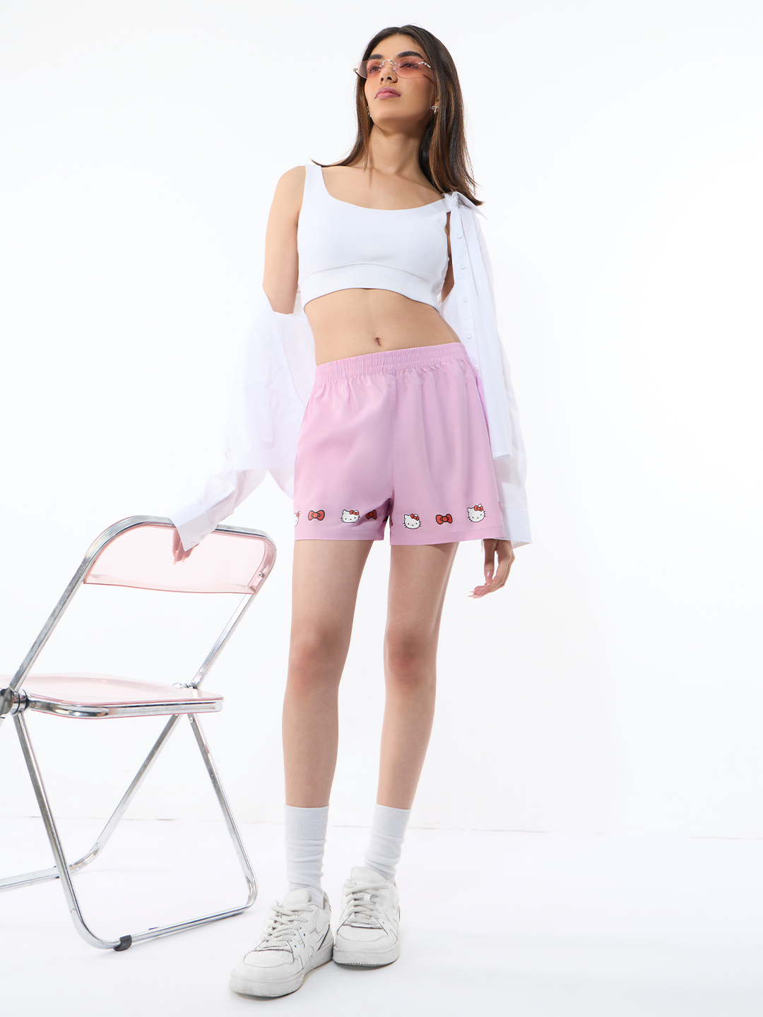 Pink Textured Casual Shorts with Hello Kitty Print