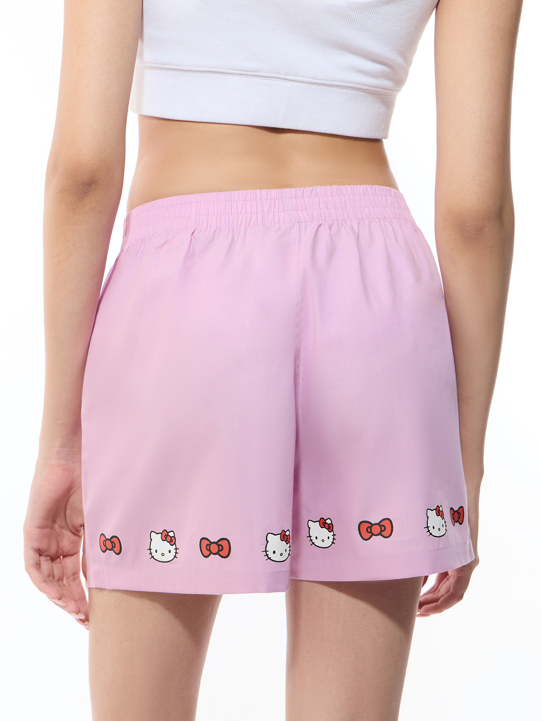 Pink Textured Casual Shorts with Hello Kitty Print