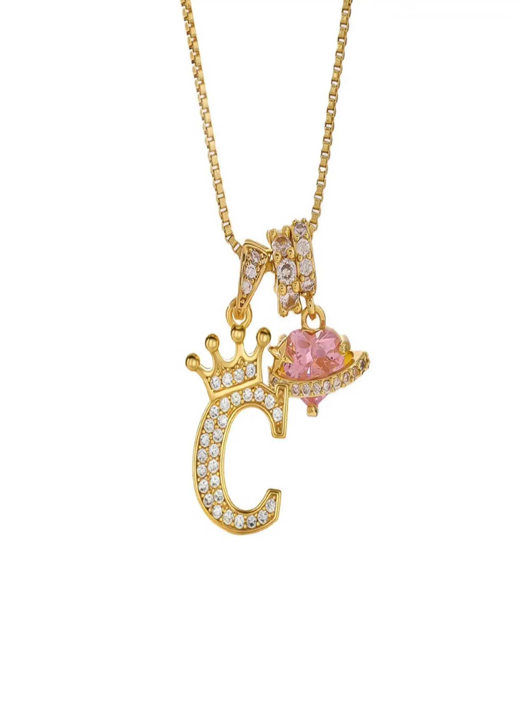 Gold Tone Heart and C Letter Charms Pendant Necklace