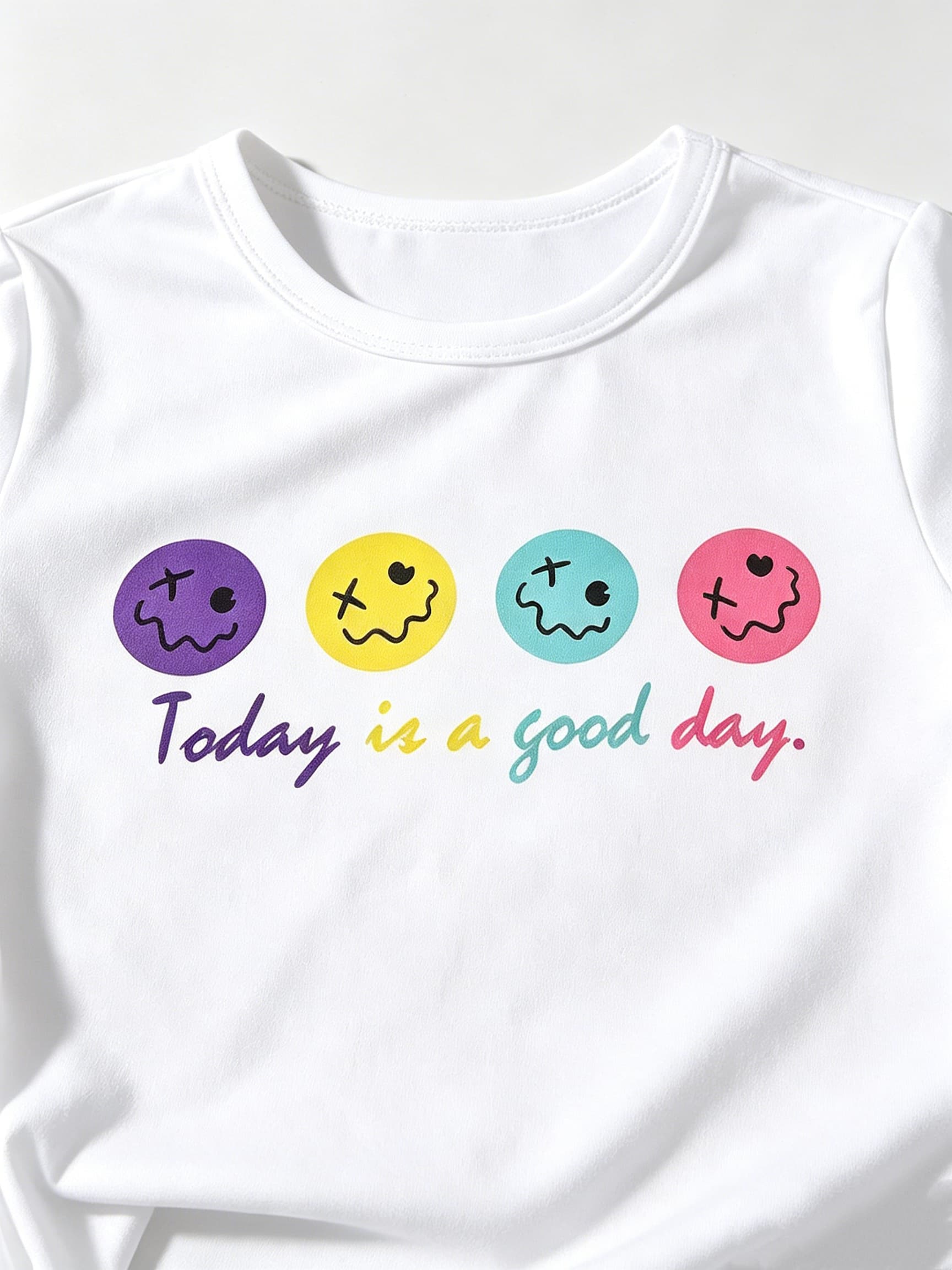 White Round Neck Short Sleeve T-Shirt with Graphic Print