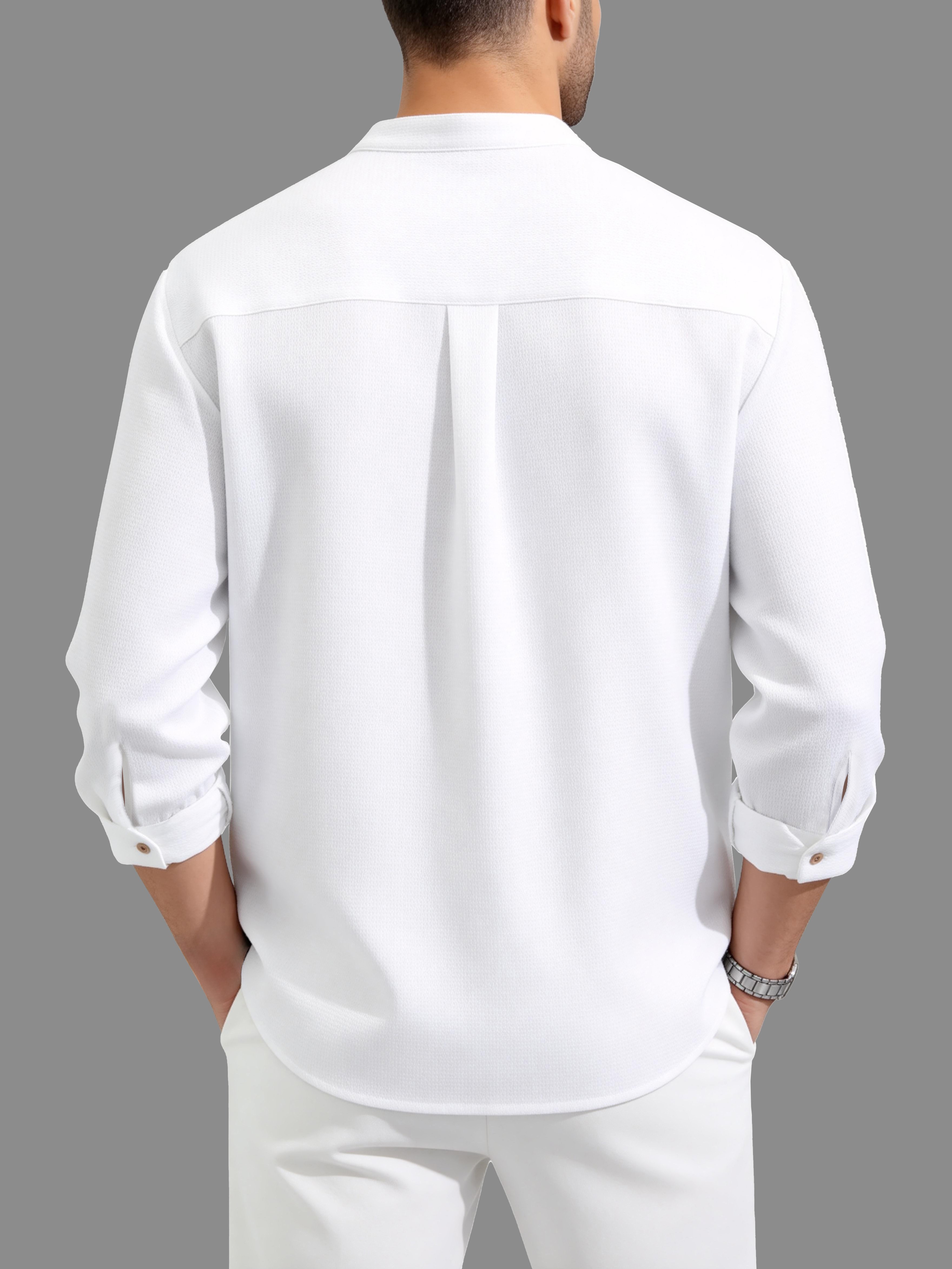White Plain Mandarin Collar Long Sleeve Shirt