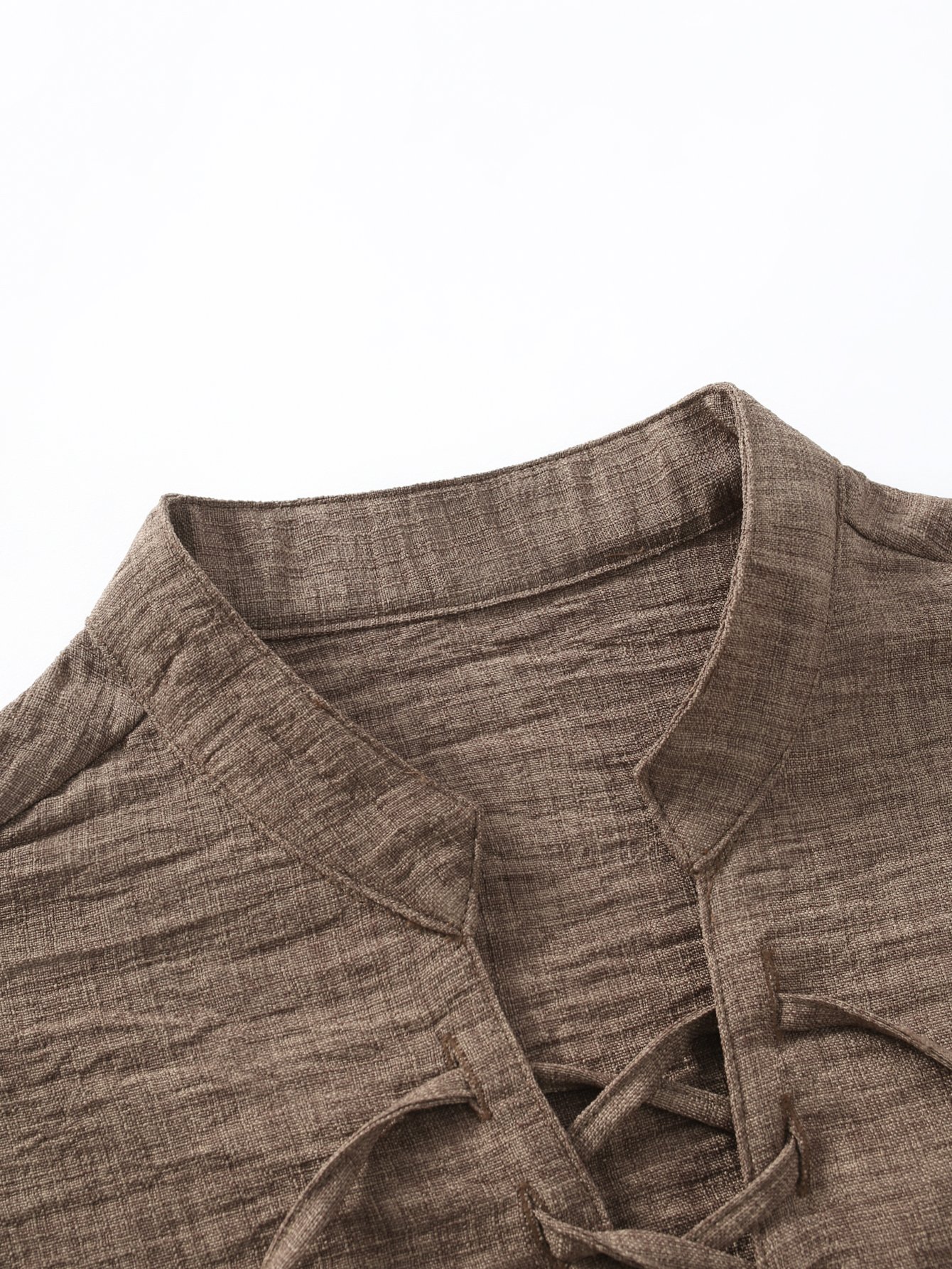 Coffee Brown Henley Shirt with Lace-Up Collar