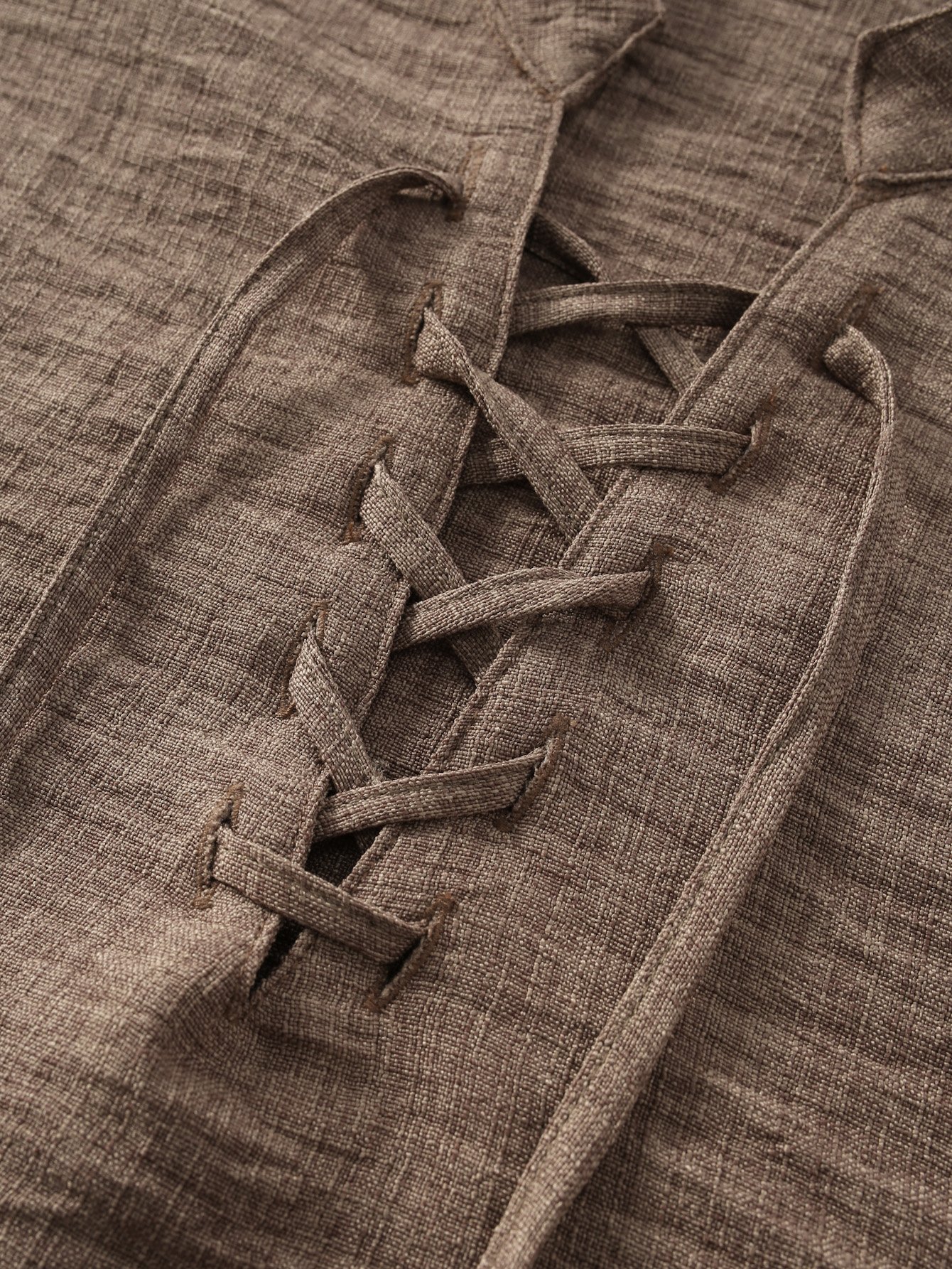 Coffee Brown Henley Shirt with Lace-Up Collar