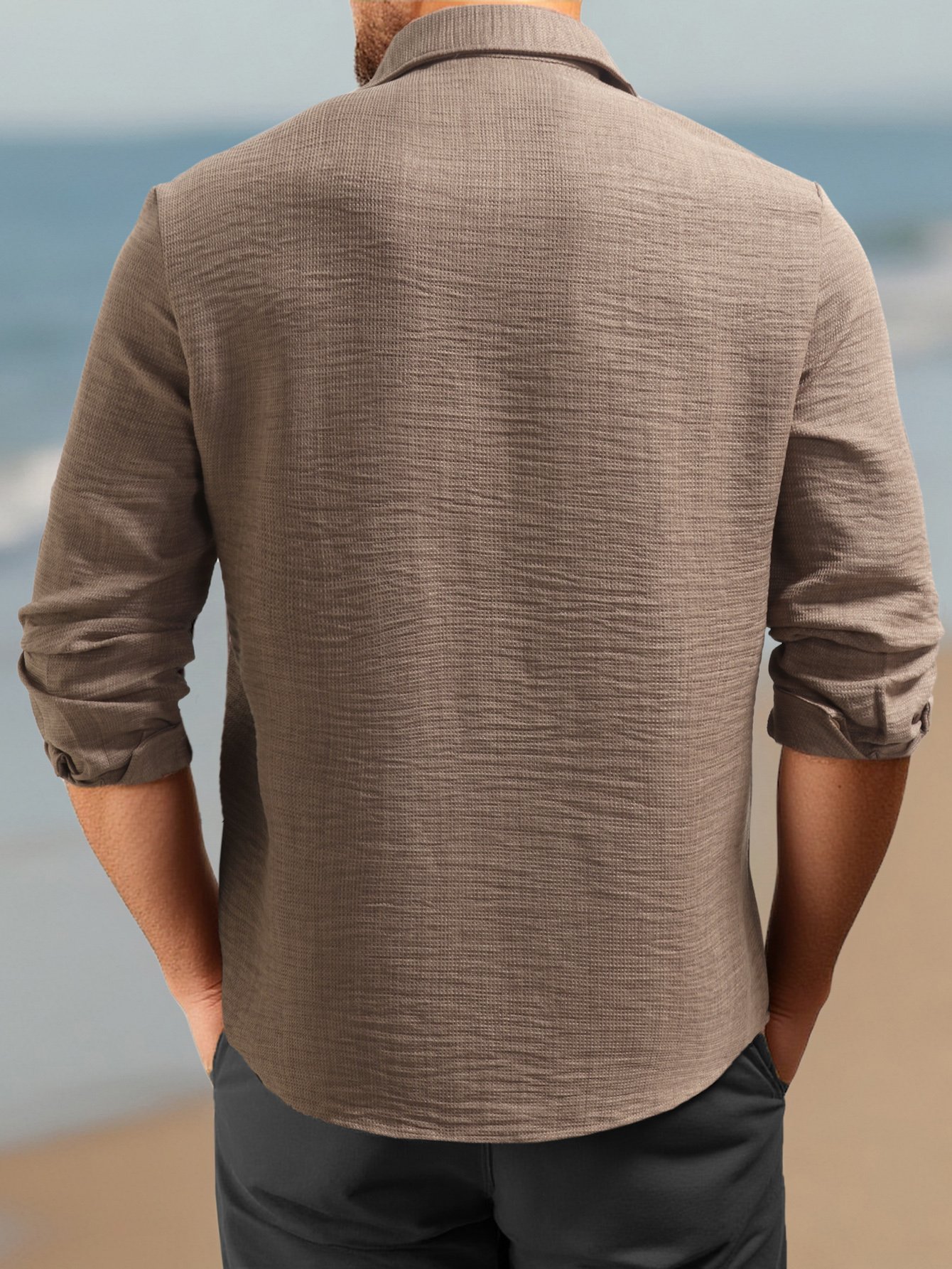 Coffee Brown Plain Textured Long Sleeve Shirt