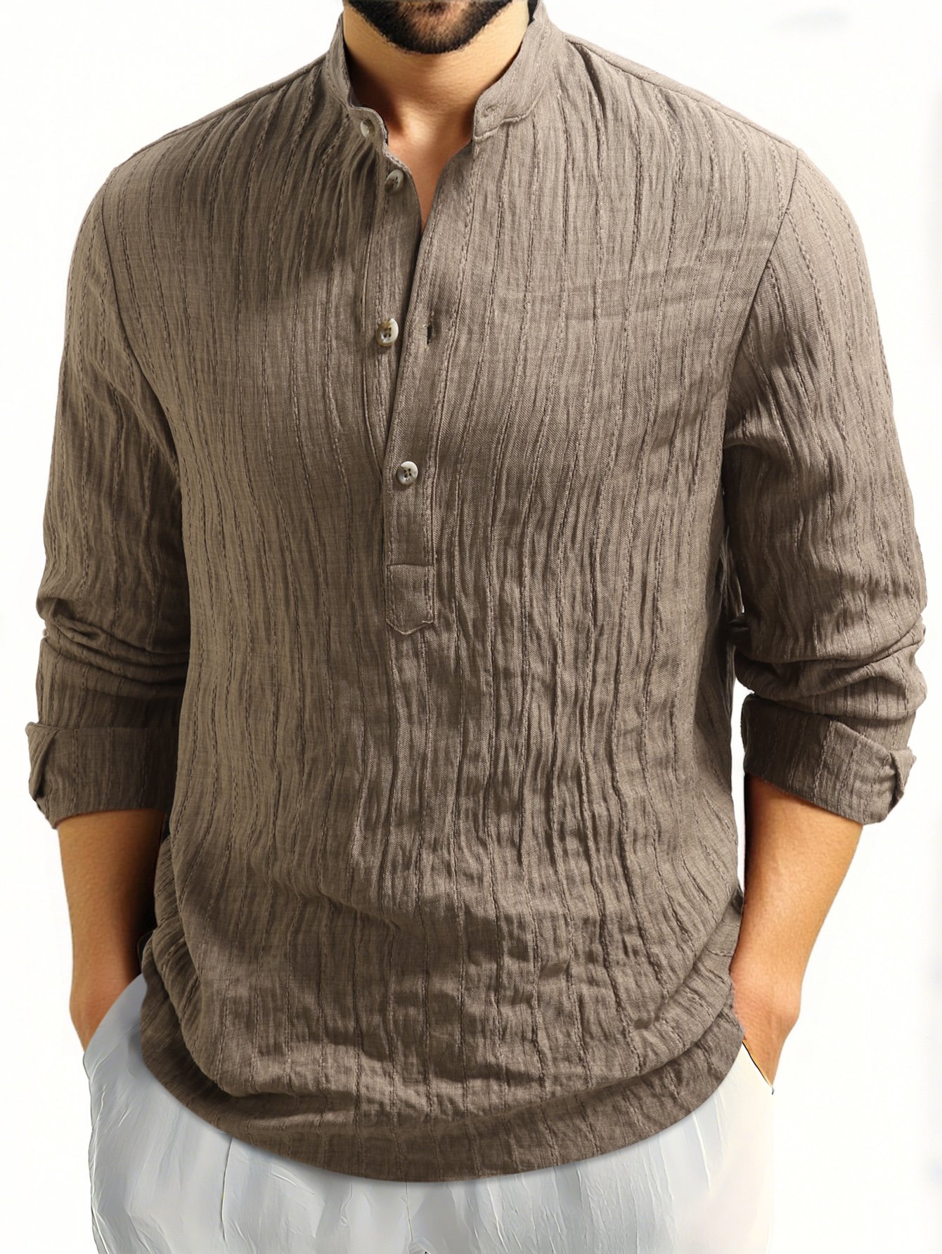 Coffee Brown Plain Mandarin Collar Long Sleeve Shirt