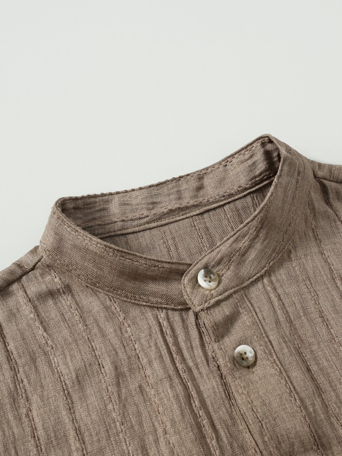 Coffee Brown Plain Mandarin Collar Long Sleeve Shirt