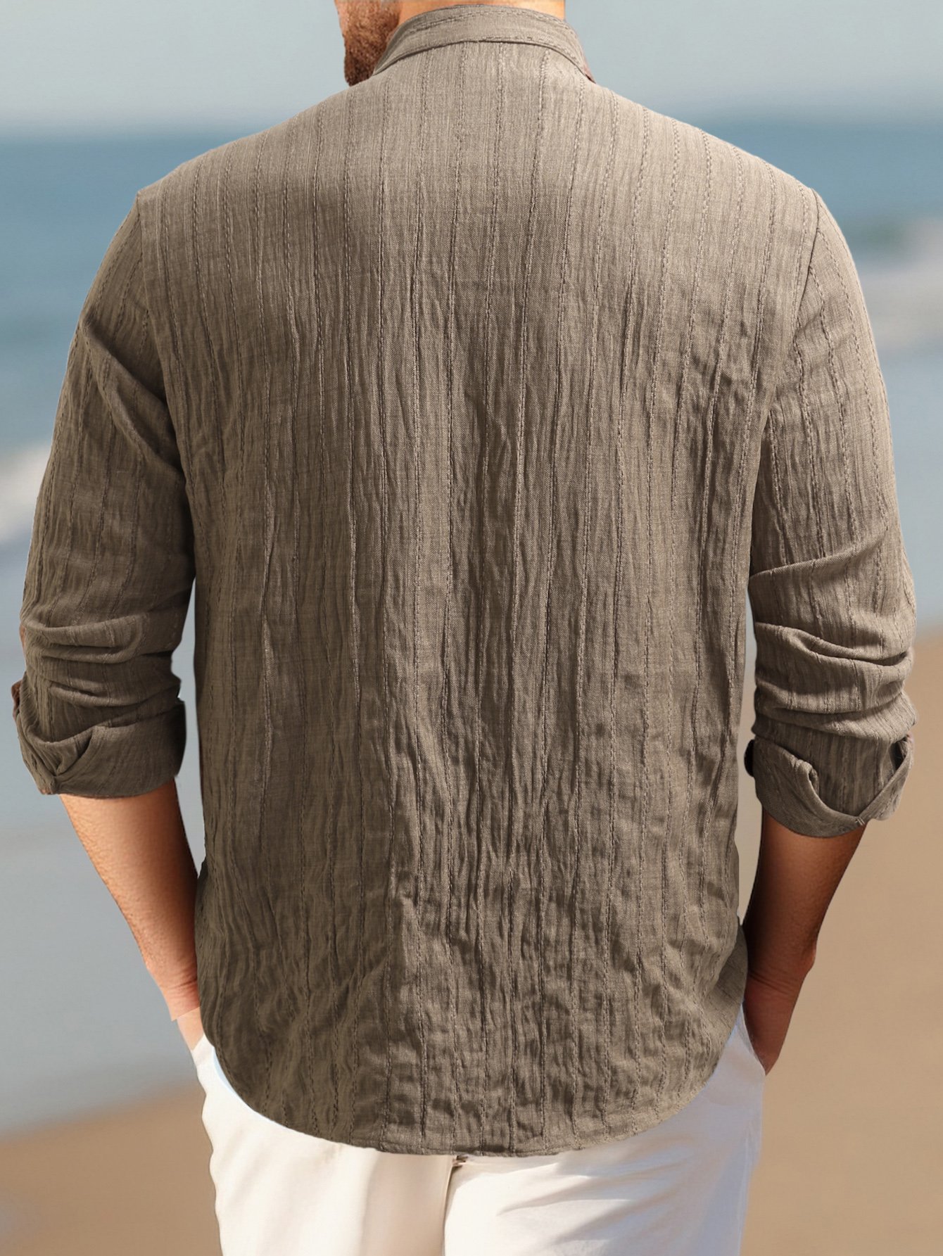 Coffee Brown Plain Mandarin Collar Long Sleeve Shirt