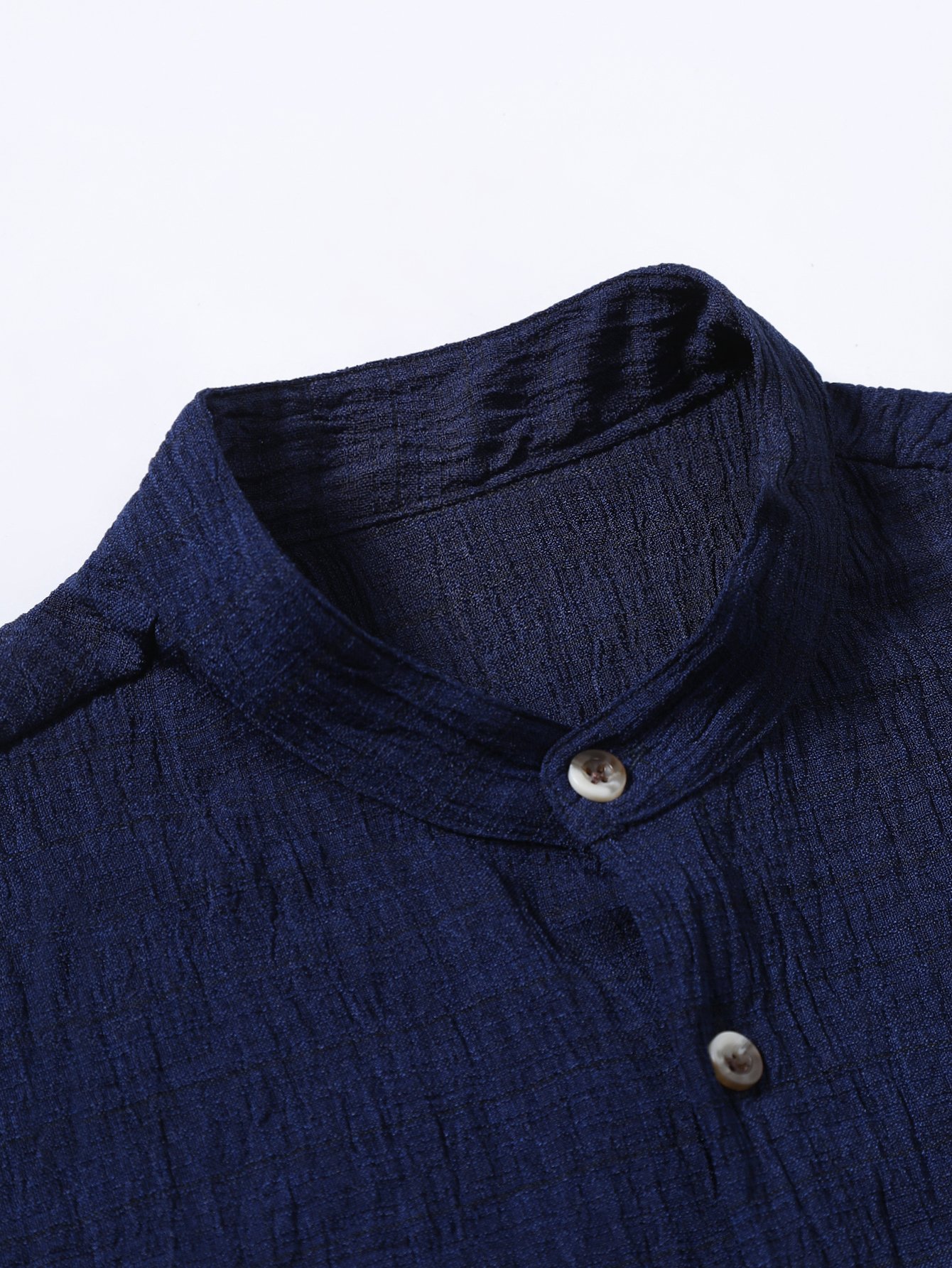 Navy Blue Plain Stand Collar Long Sleeve Shirt