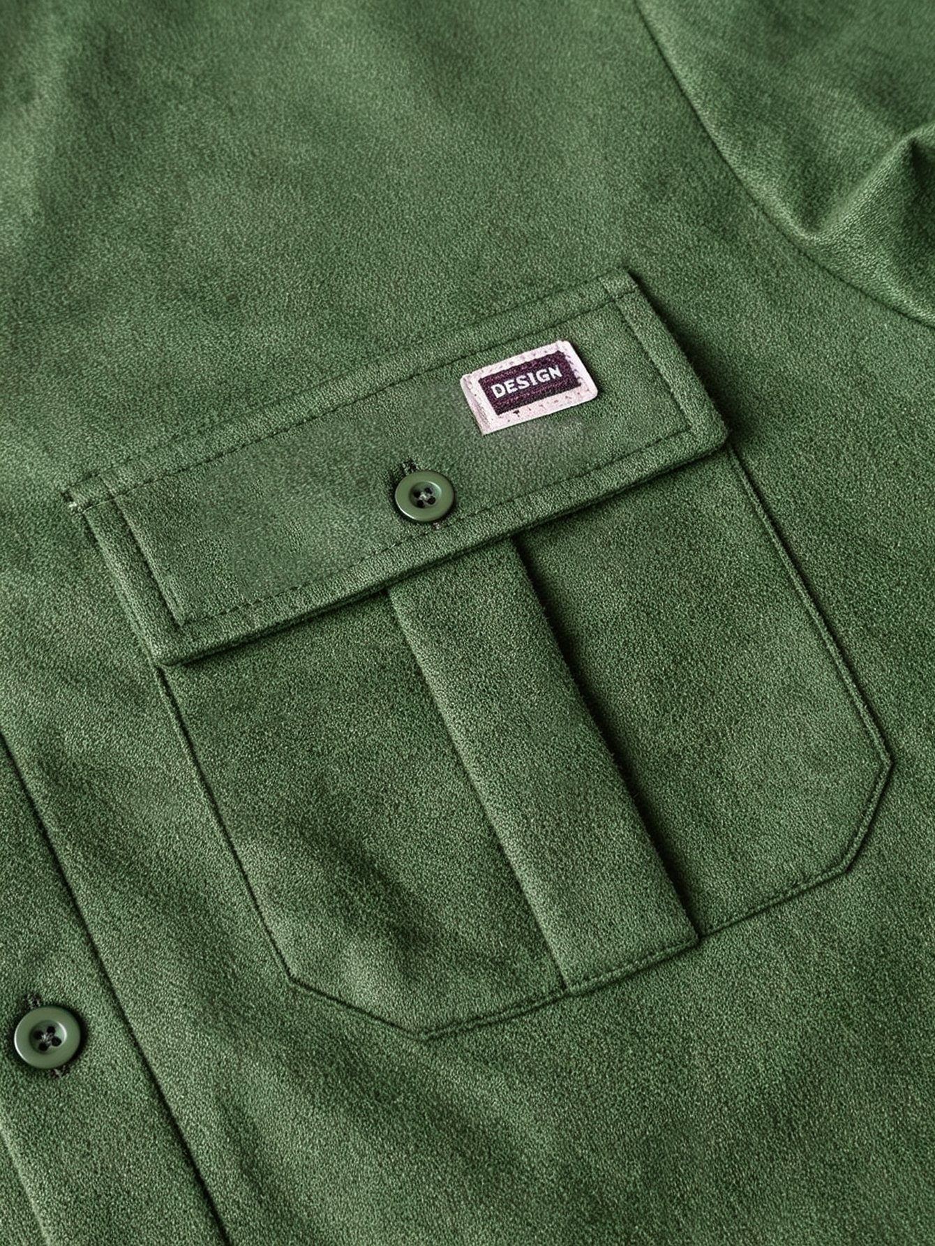 Solid Green Suede Shirt Jacket with Pockets