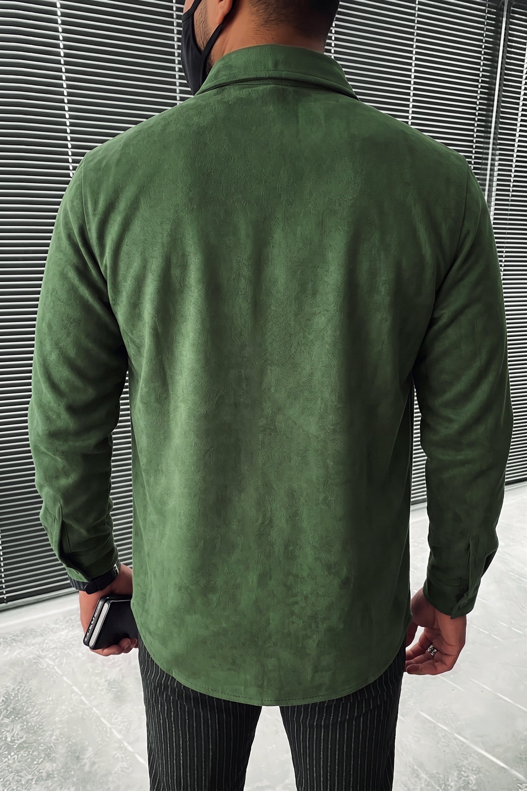 Solid Green Suede Shirt Jacket with Pockets