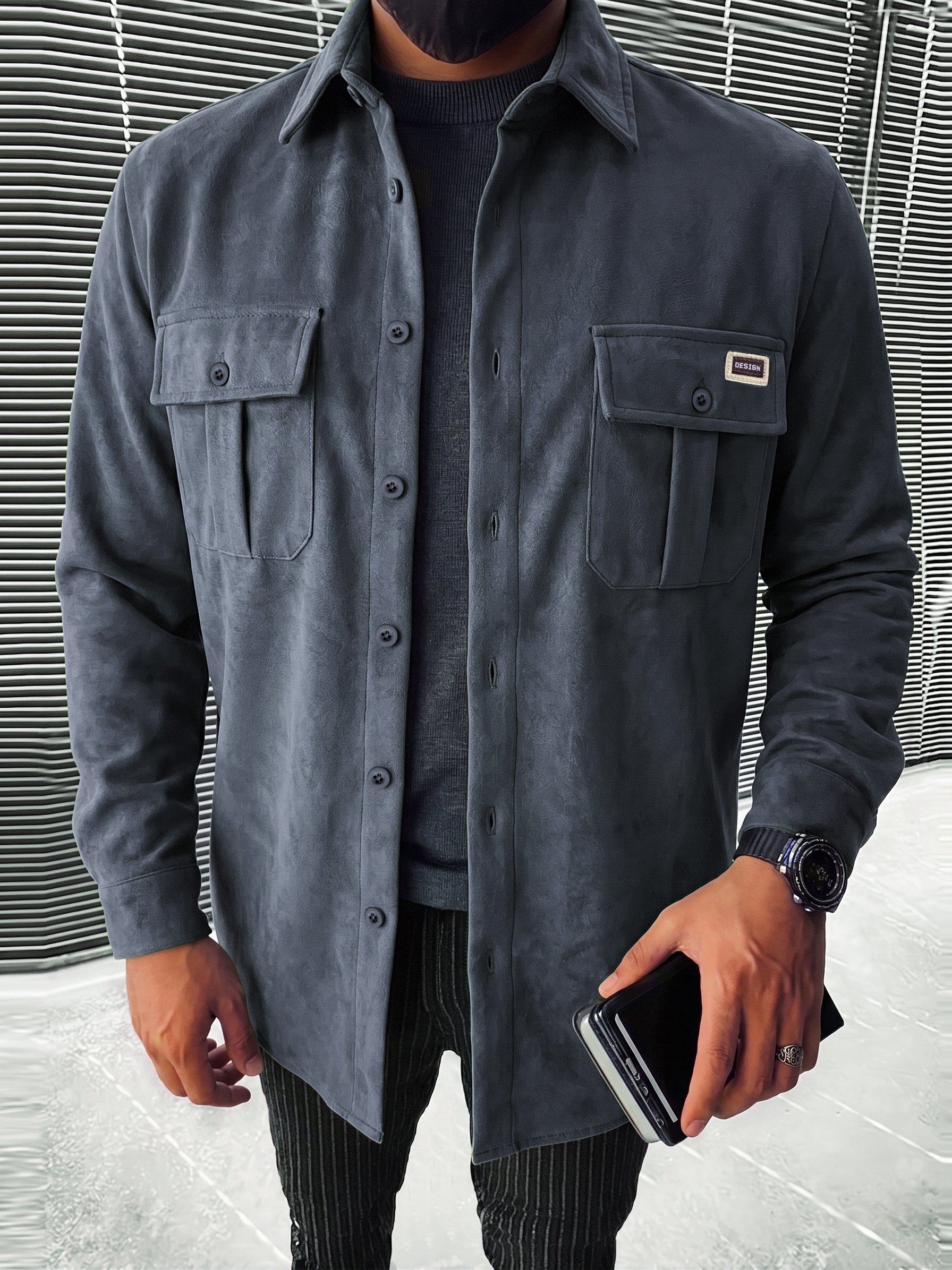 Grey Plain Suede Look Casual Shirt with Double Pockets