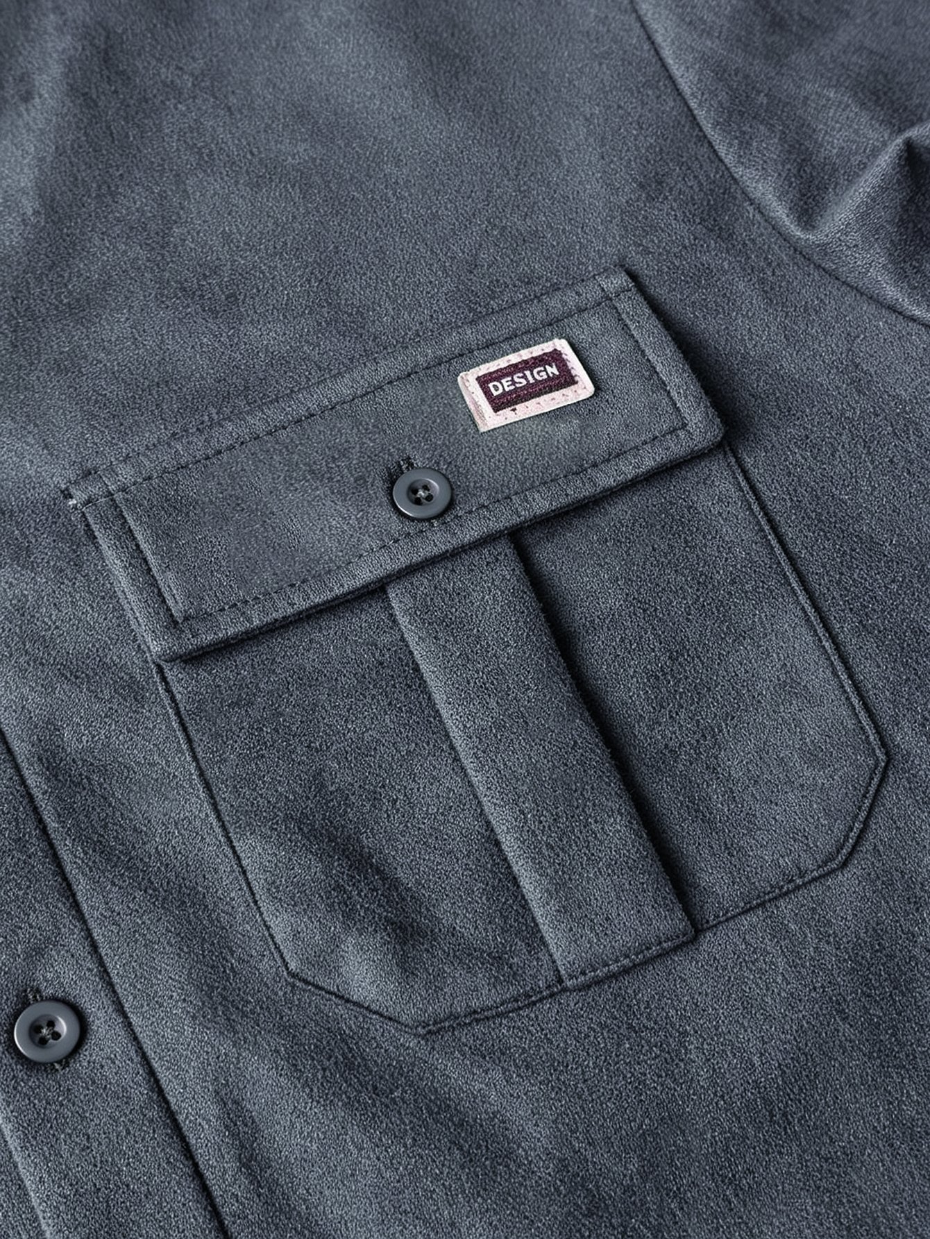 Grey Plain Suede Look Casual Shirt with Double Pockets