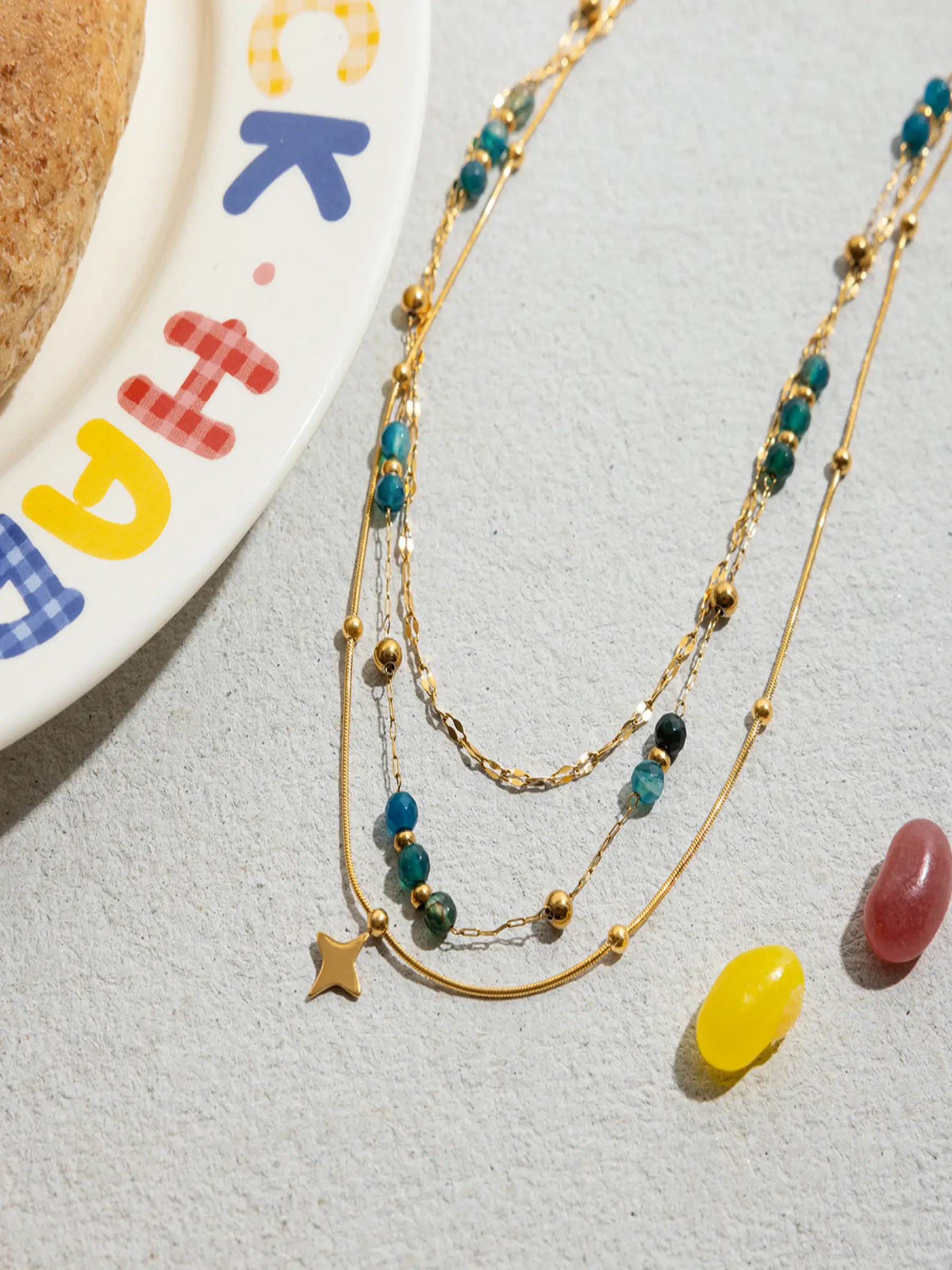 Gold Tone Teal Beads and Star Charm Layered Necklace