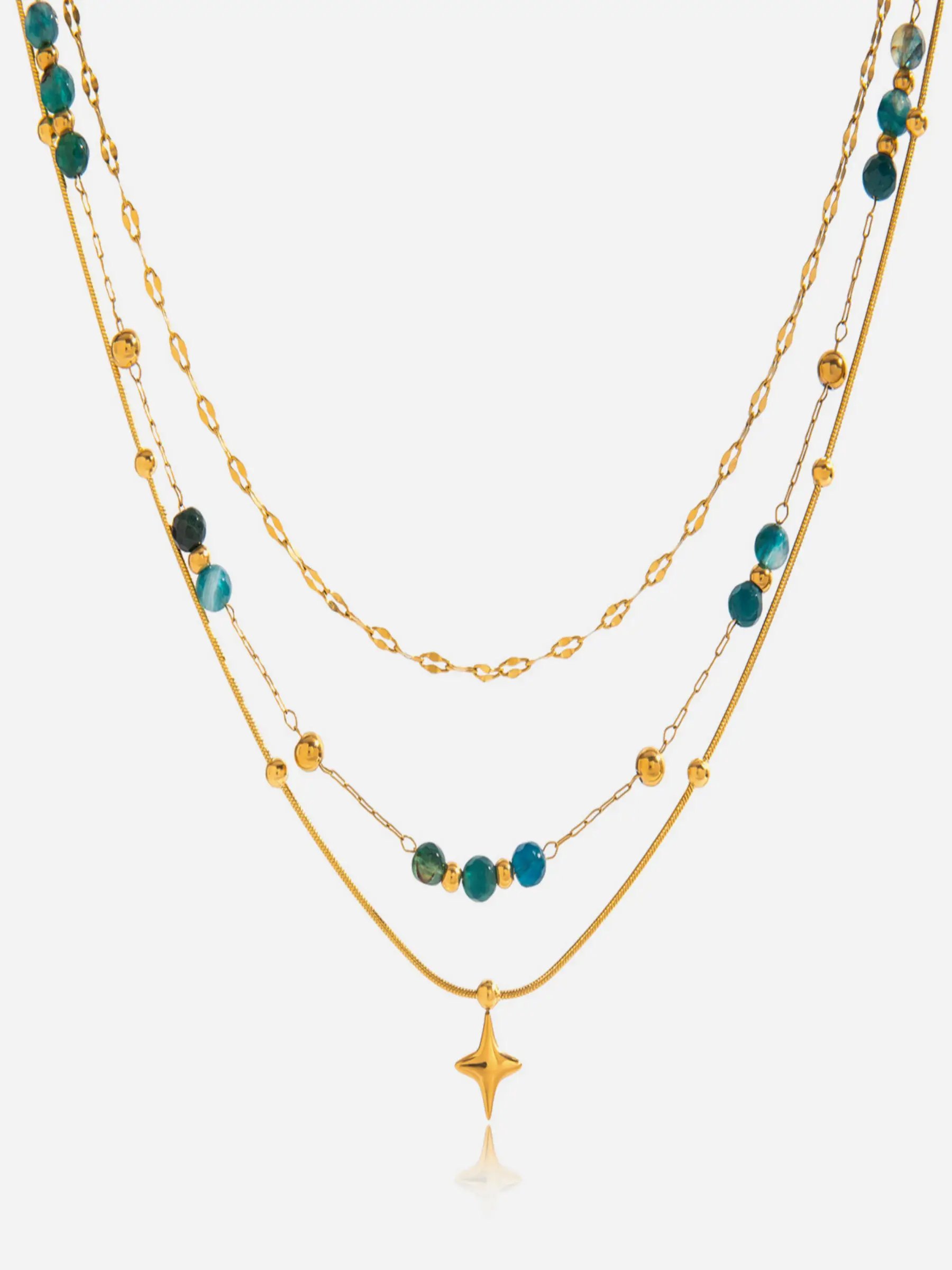 Gold Tone Teal Beads and Star Charm Layered Necklace