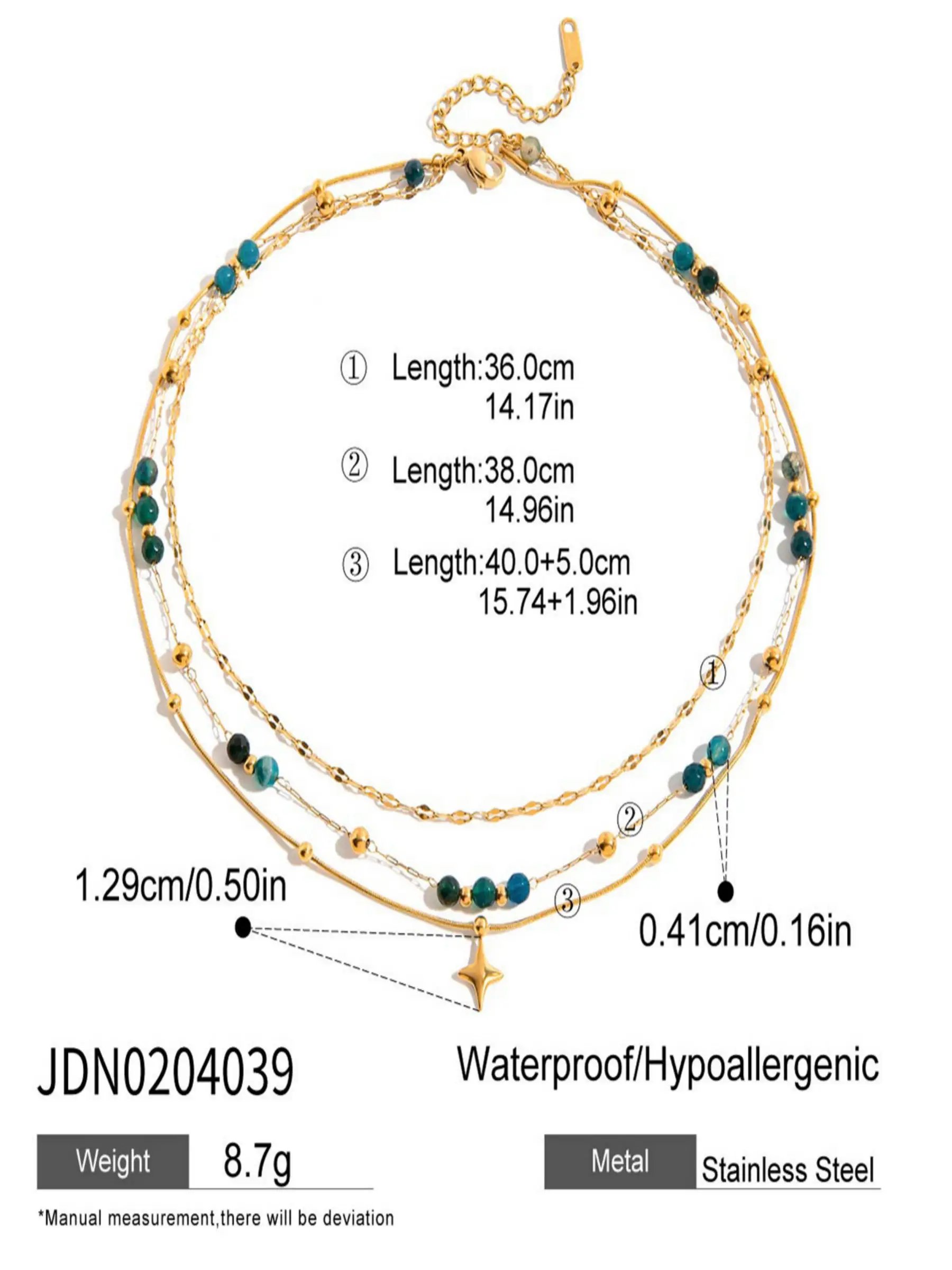 Gold Tone Teal Beads and Star Charm Layered Necklace
