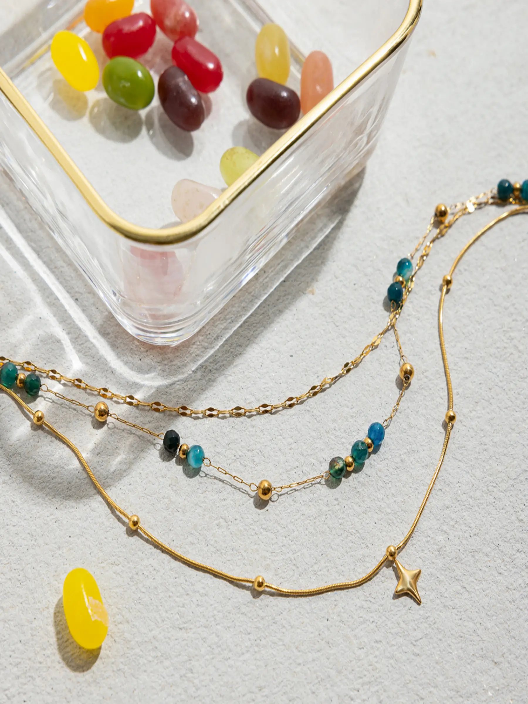 Gold Tone Teal Beads and Star Charm Layered Necklace